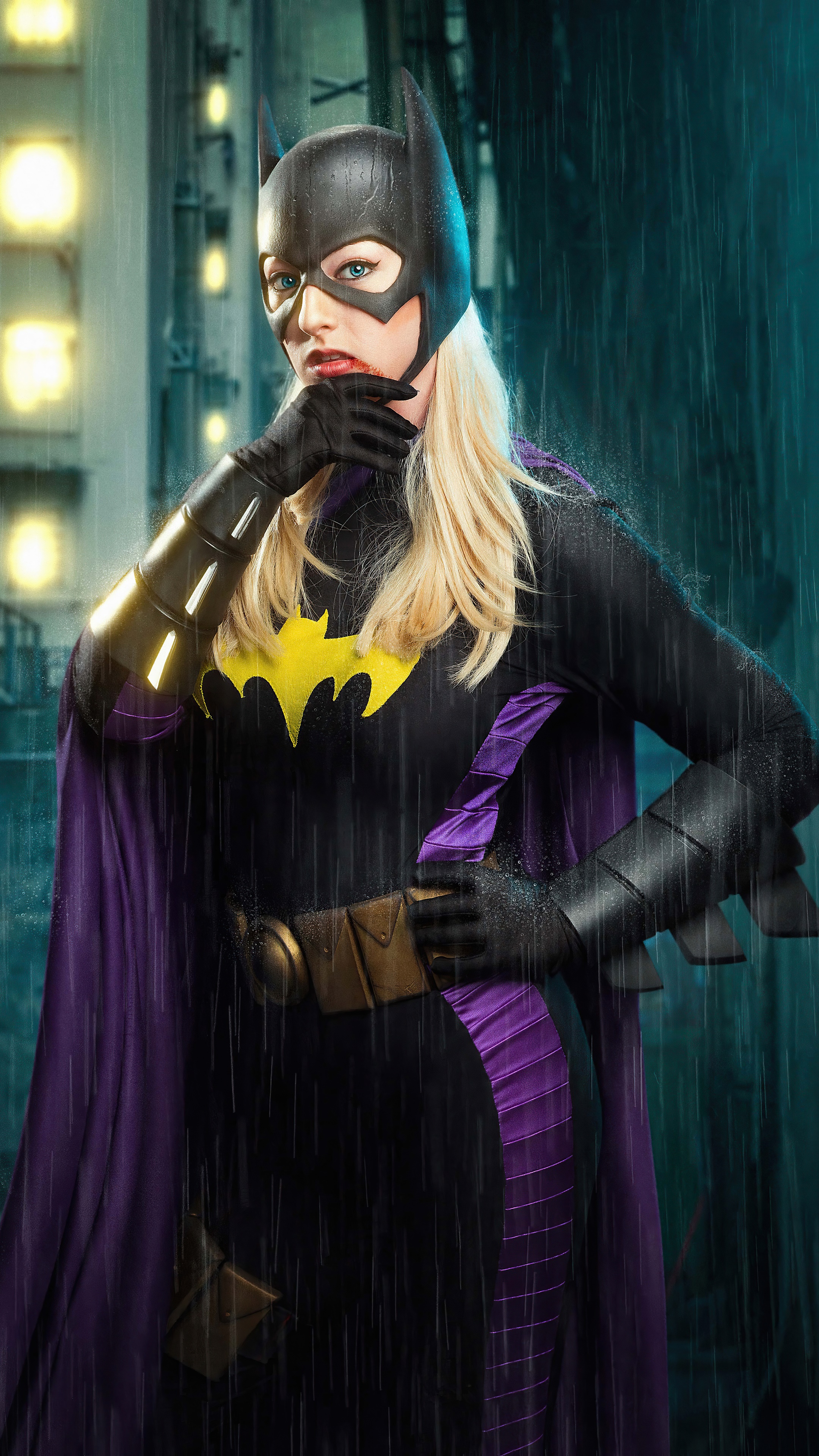 Batgirl Cosplay in Rainy City HD Phone Wallpaper