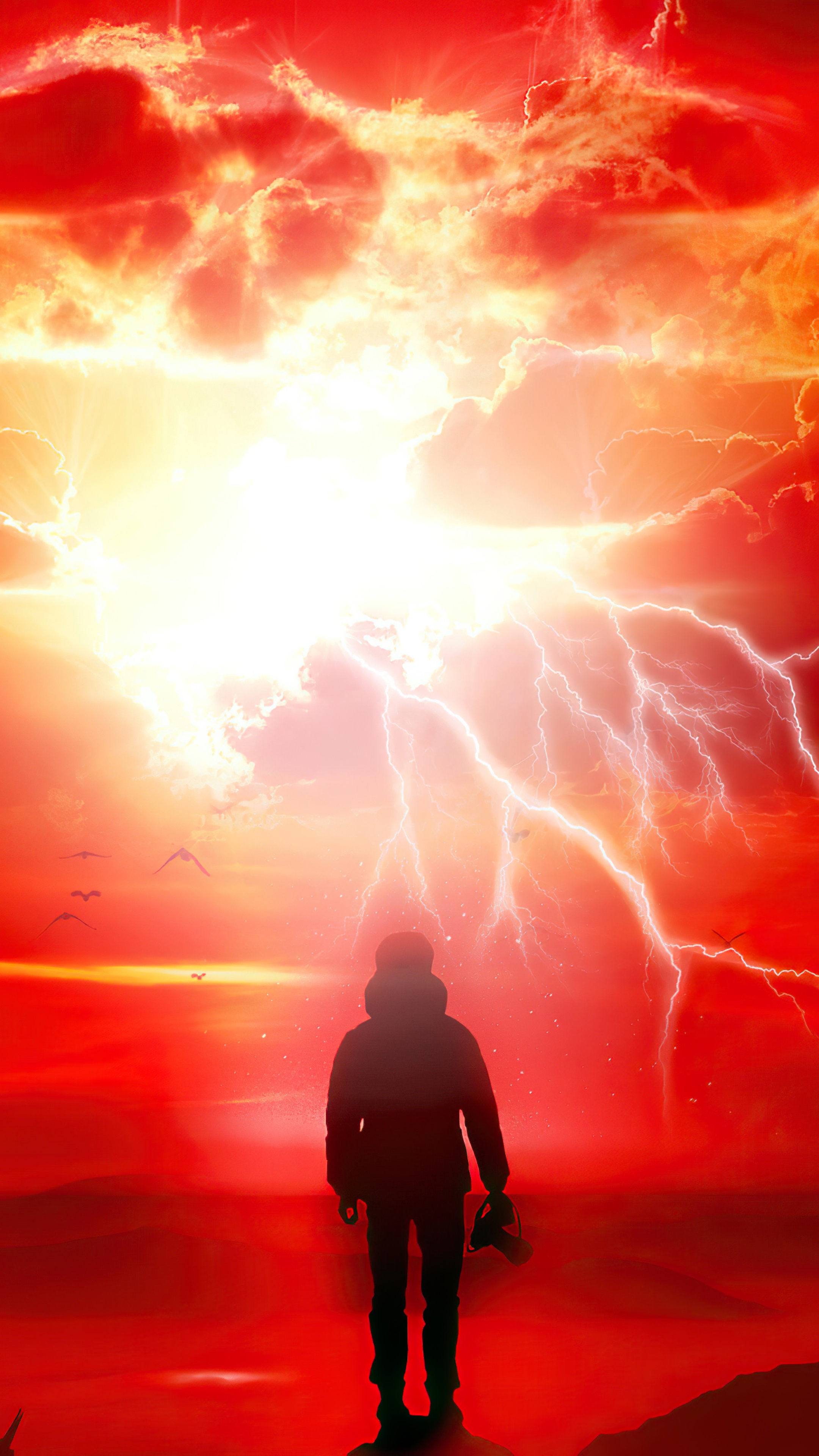 Photographer with camera in front of lightning storm HD Phone Wallpaper