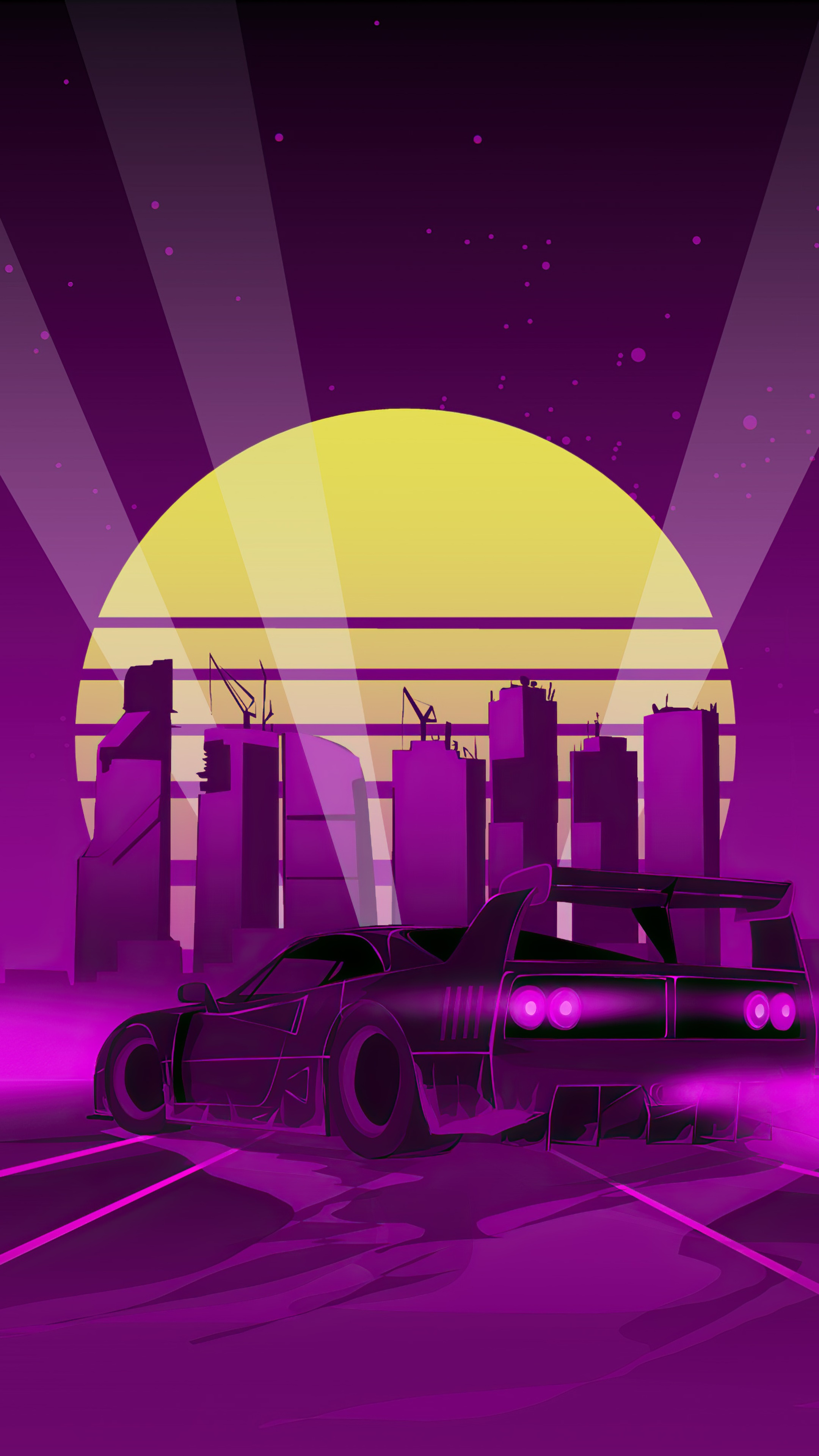 Retrowave car in a neon city at sunset HD Phone Wallpaper