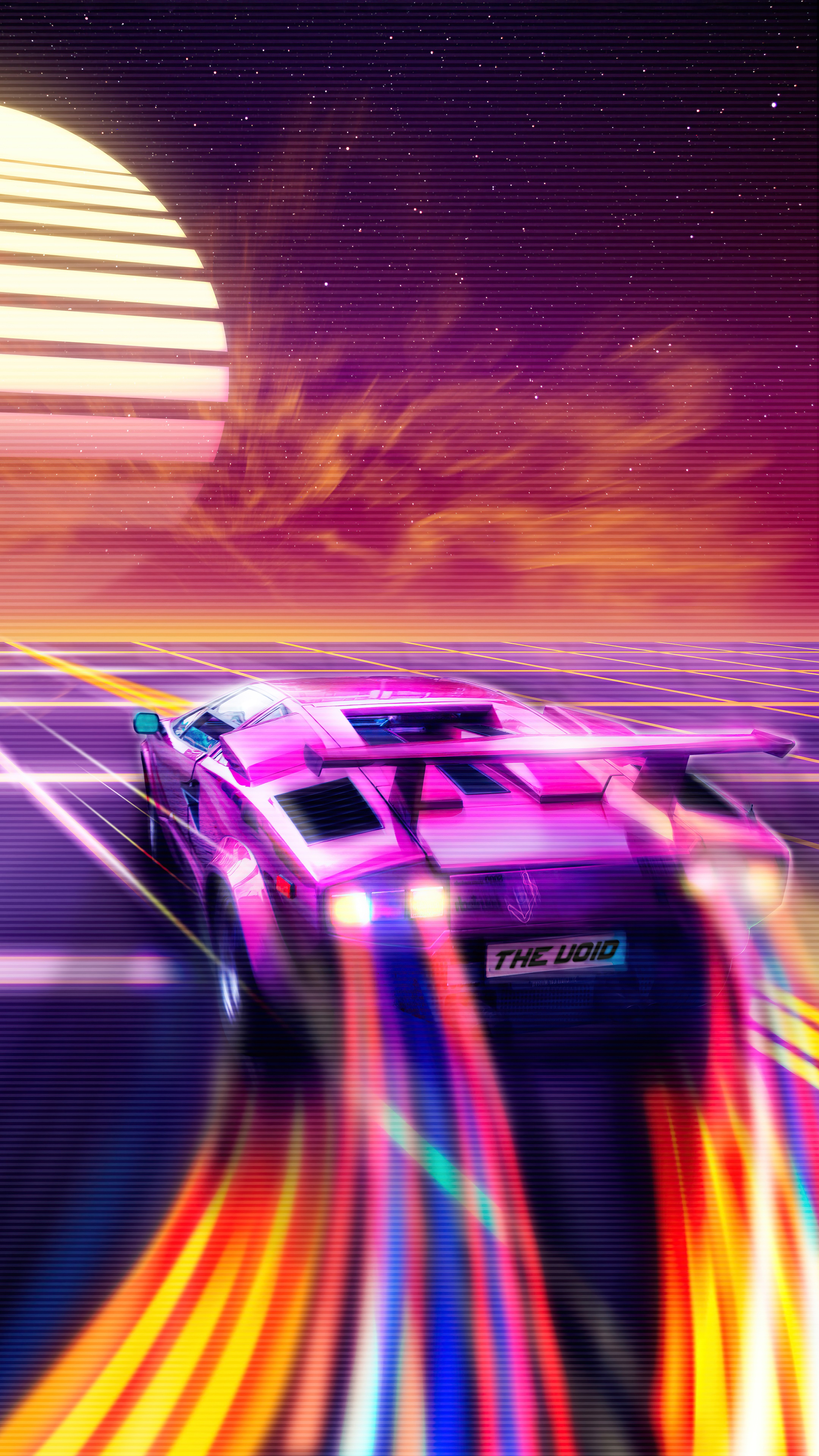 Pink sports car driving on a neon grid road HD Phone Wallpaper