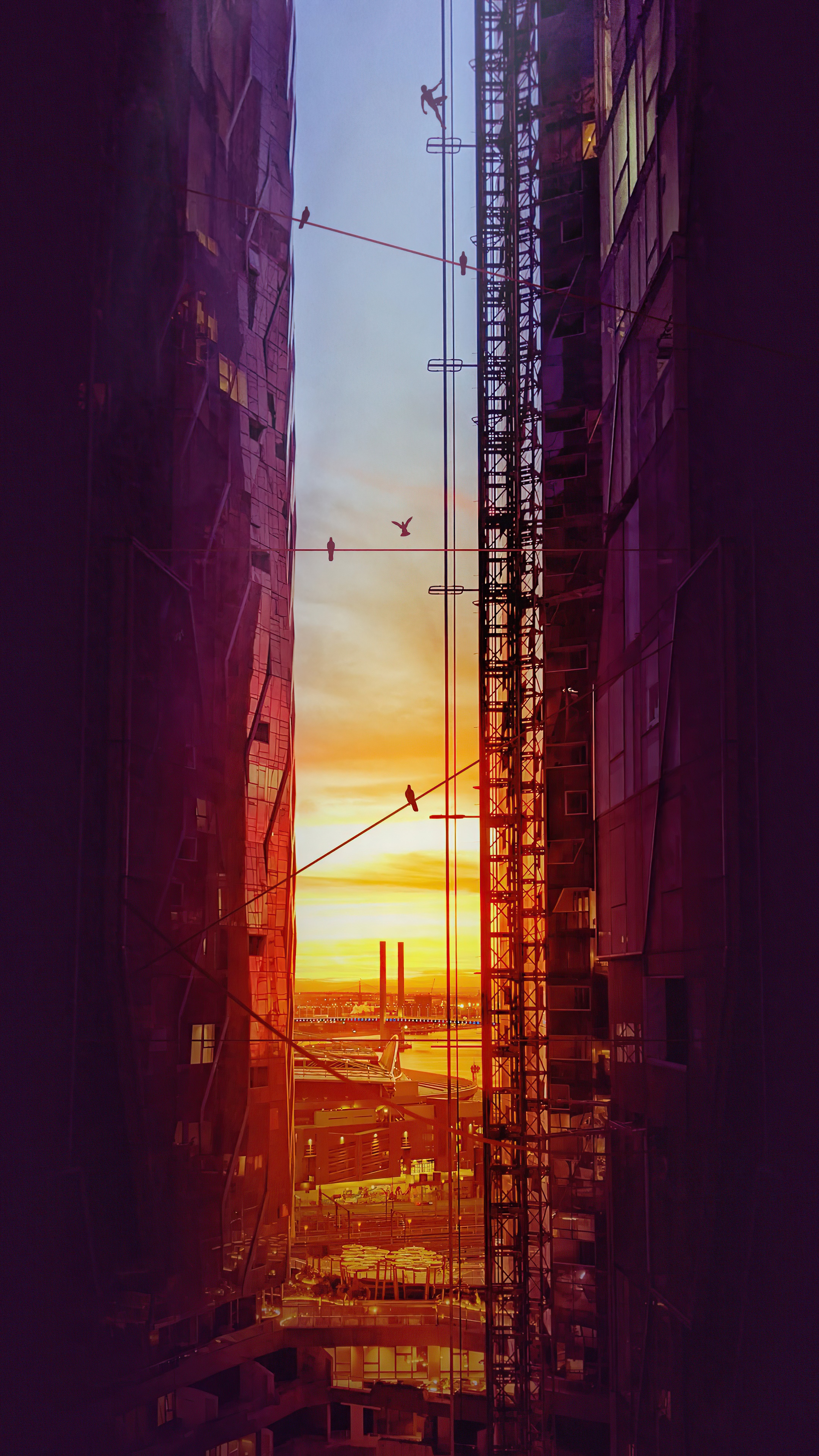 Digital art of people on wires between buildings at sunset HD Phone Wallpaper