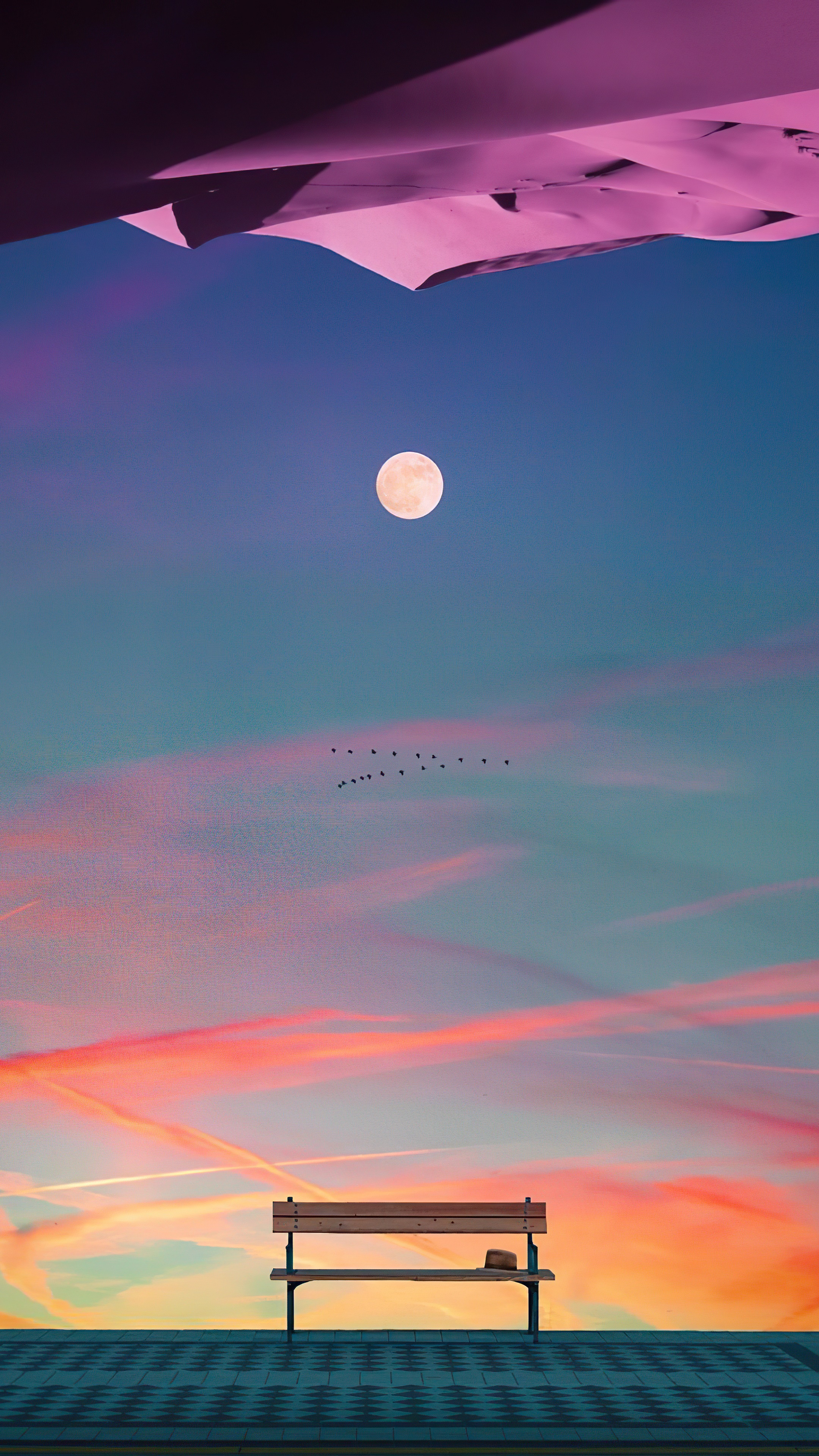 Bench with Moon and Birds HD Phone Wallpaper