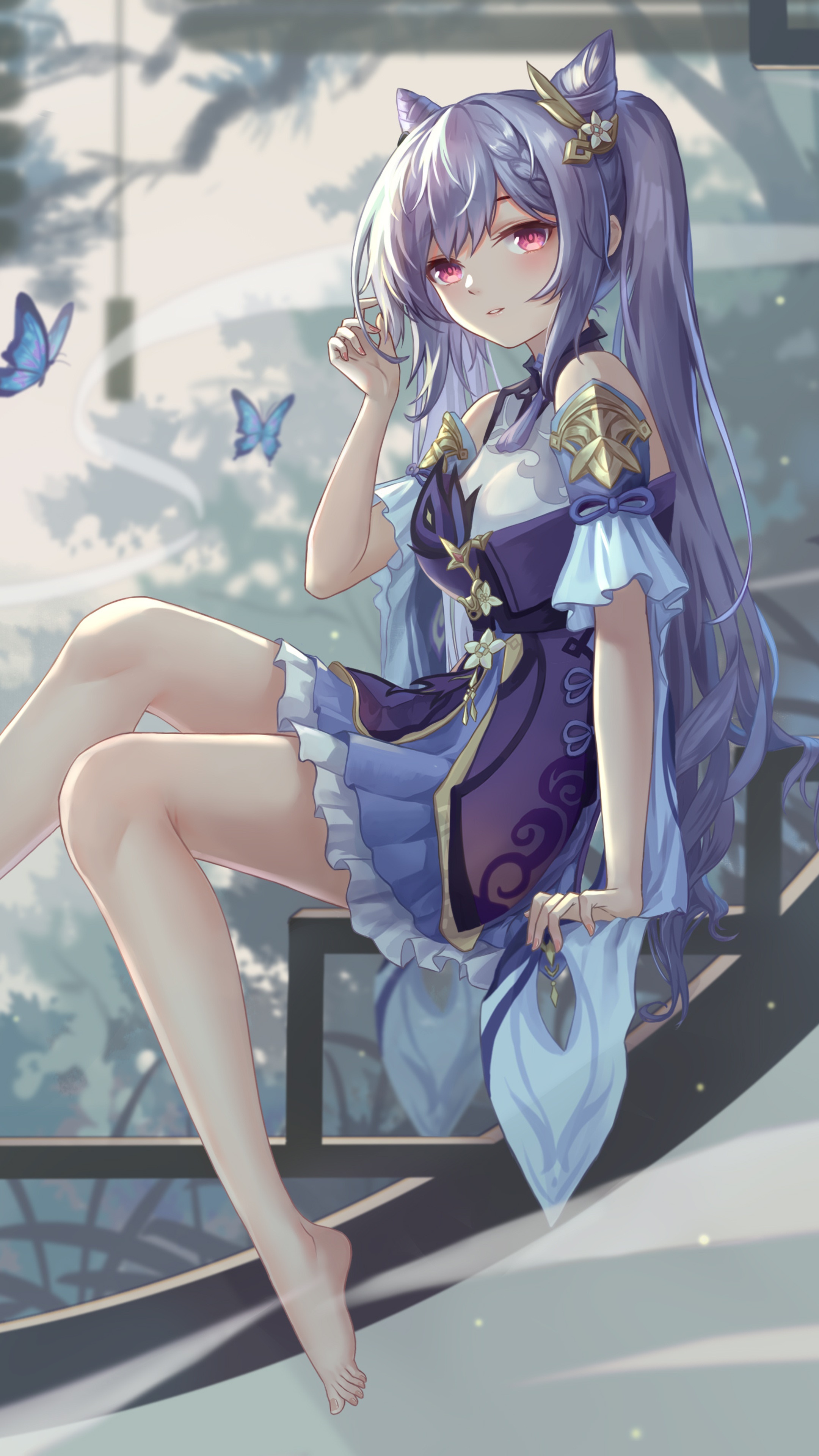 Keqing from Genshin Impact with butterflies HD Phone Wallpaper