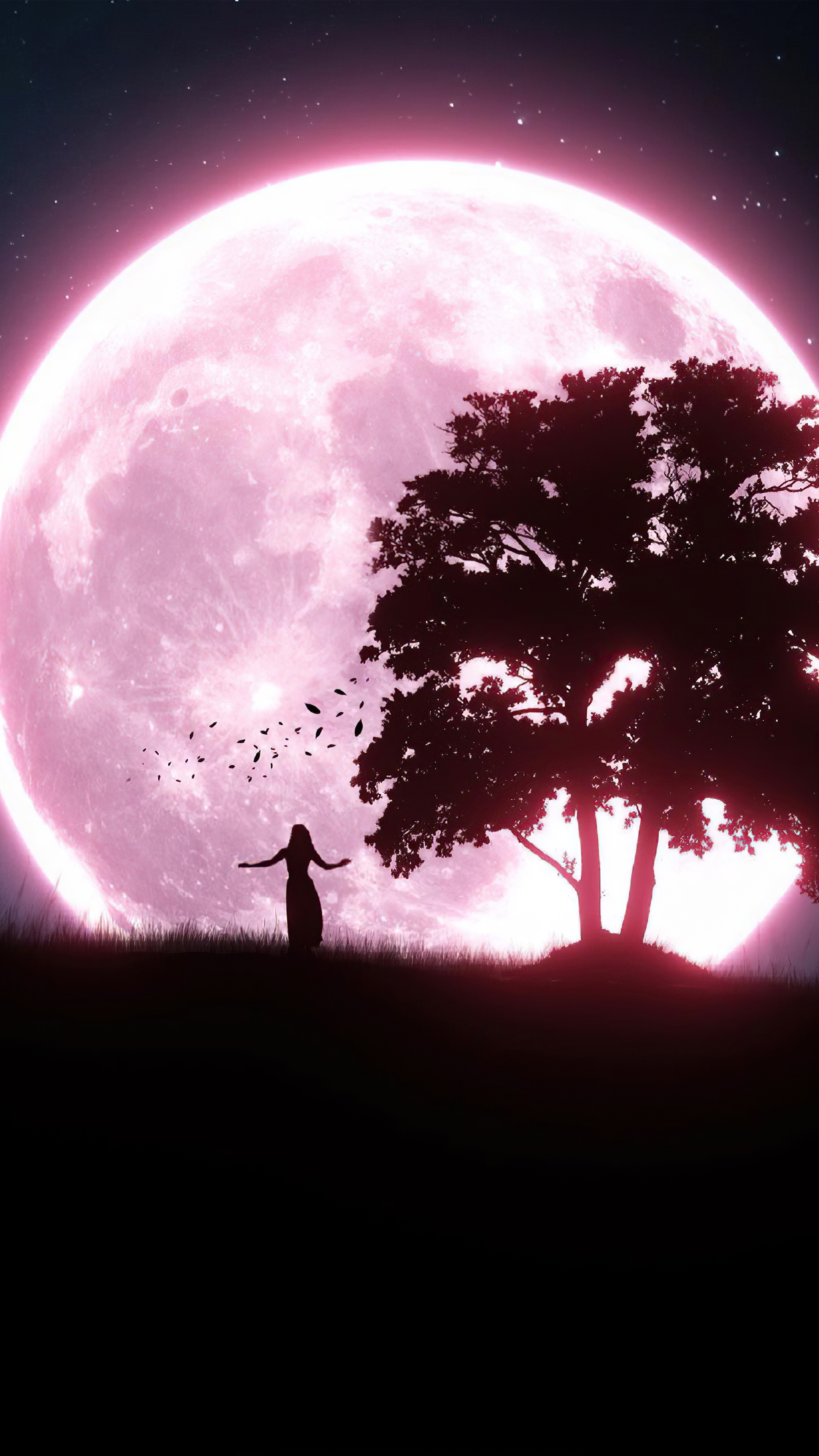 Silhouette of a woman and a tree under a large pink moon HD Phone Wallpaper