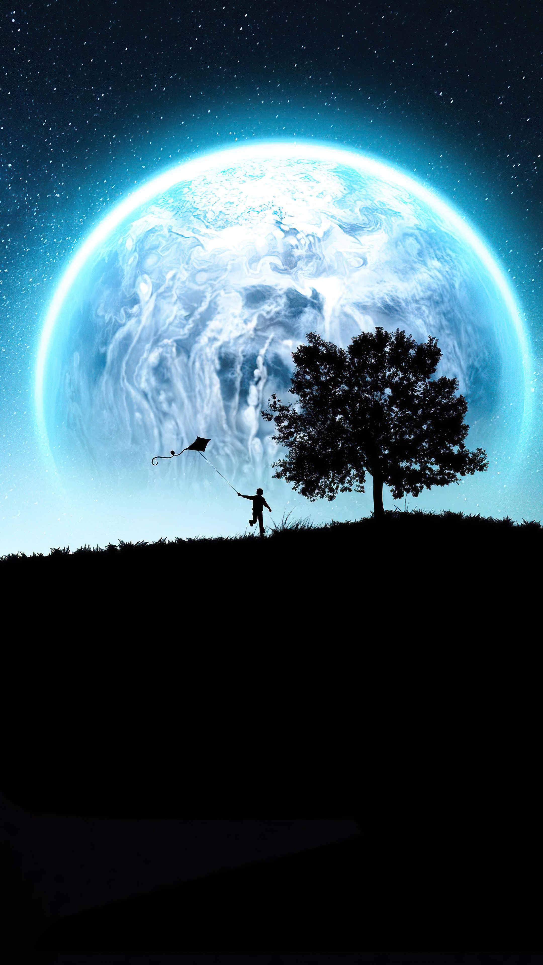 Silhouette of a person flying a kite near a tree with a large moon in the background HD Phone Wallpaper
