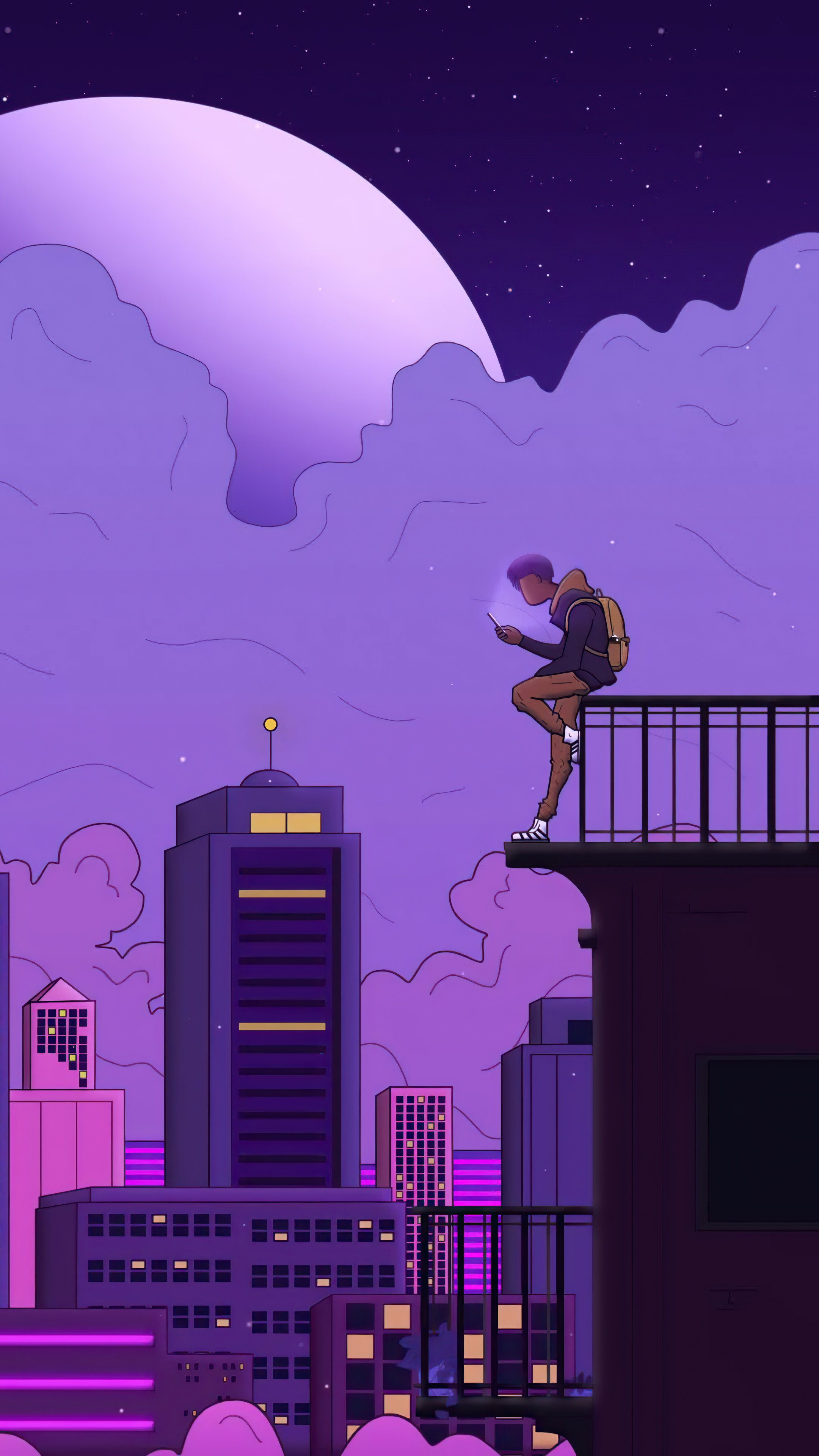 Man on rooftop looking at phone with city and moon background HD Phone Wallpaper