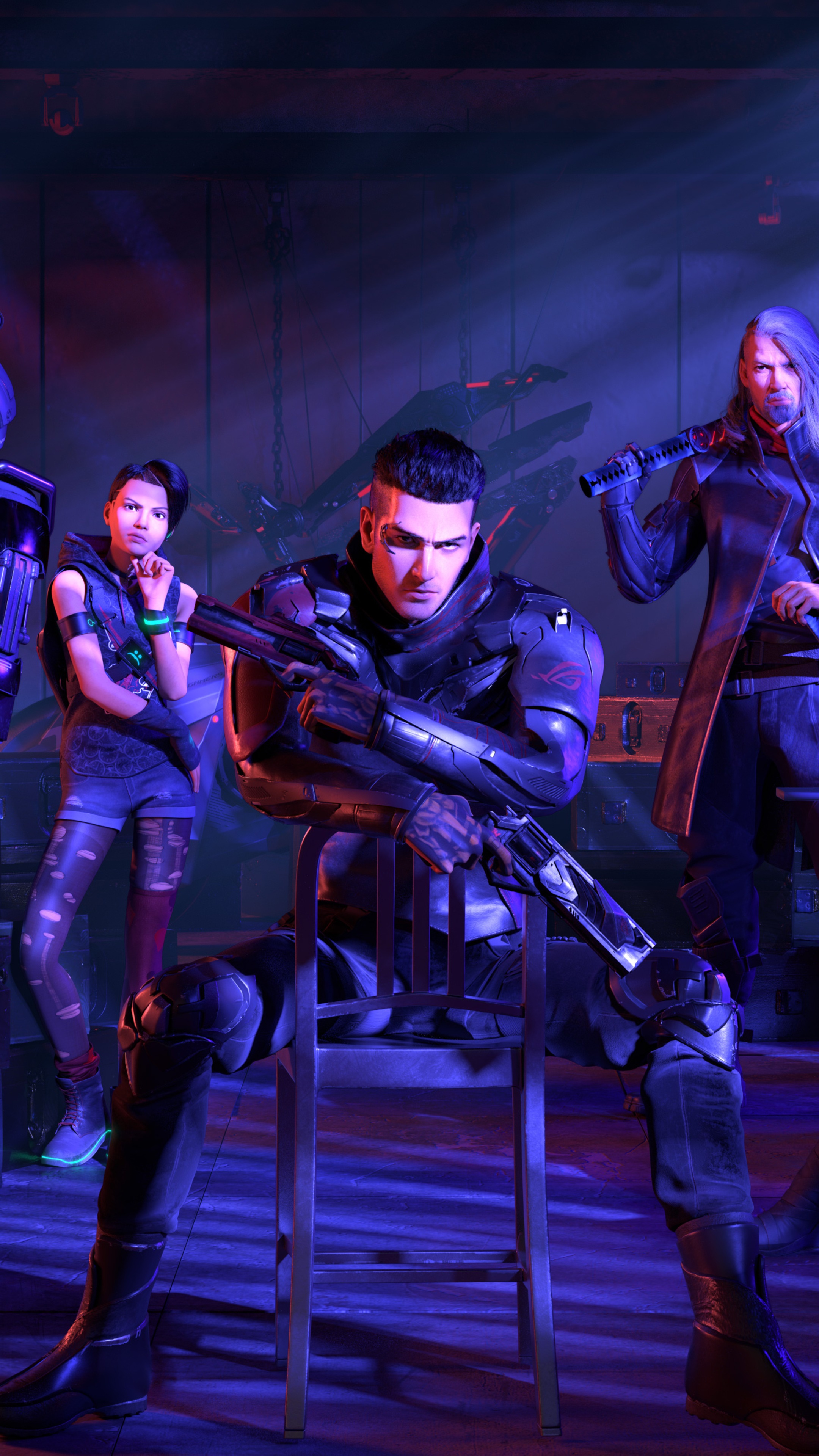 Republic of Gamers characters with firearms in a dimly lit room HD Phone Wallpaper