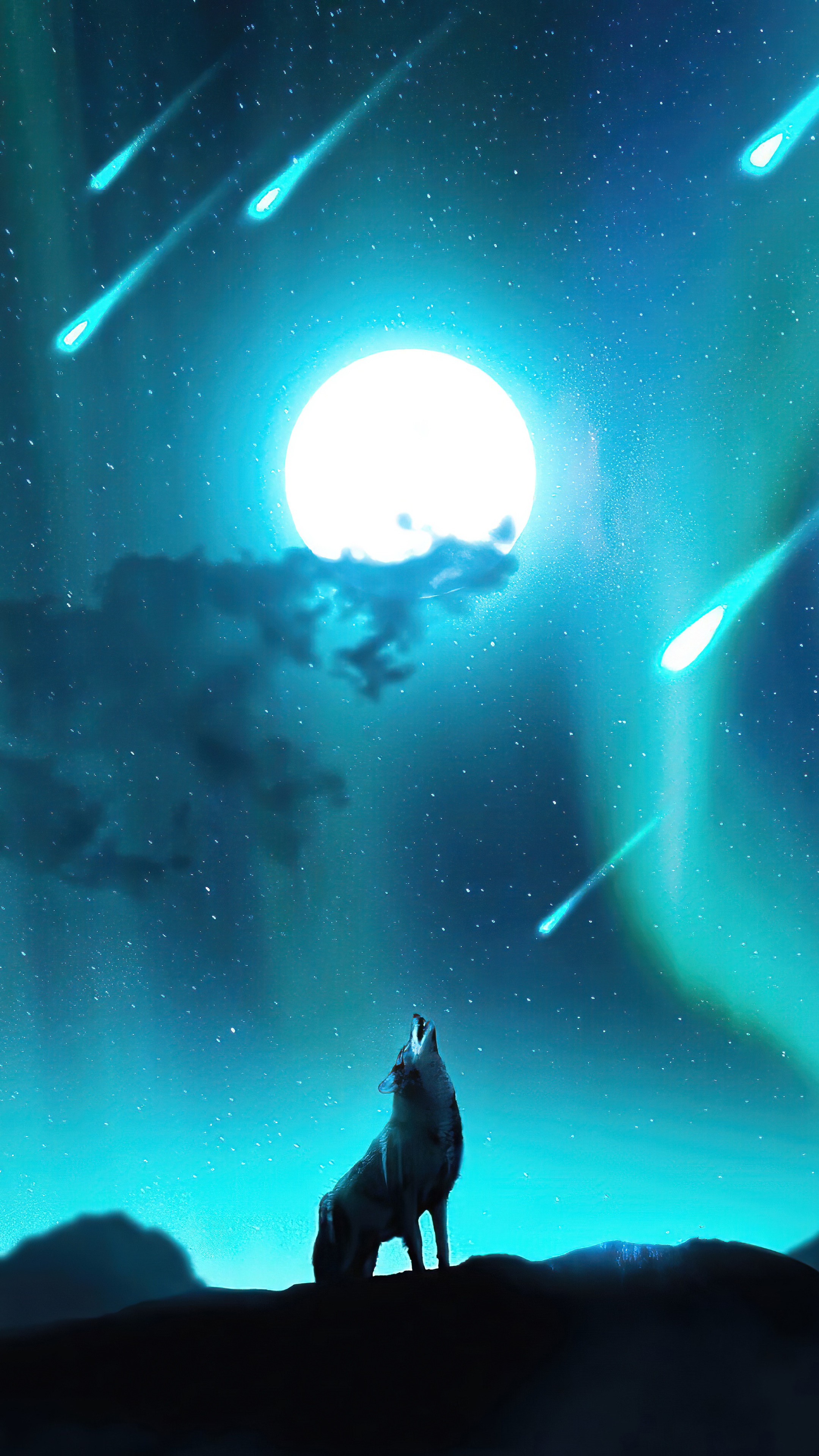 Wolf howling at the moon during a meteor shower HD Phone Wallpaper