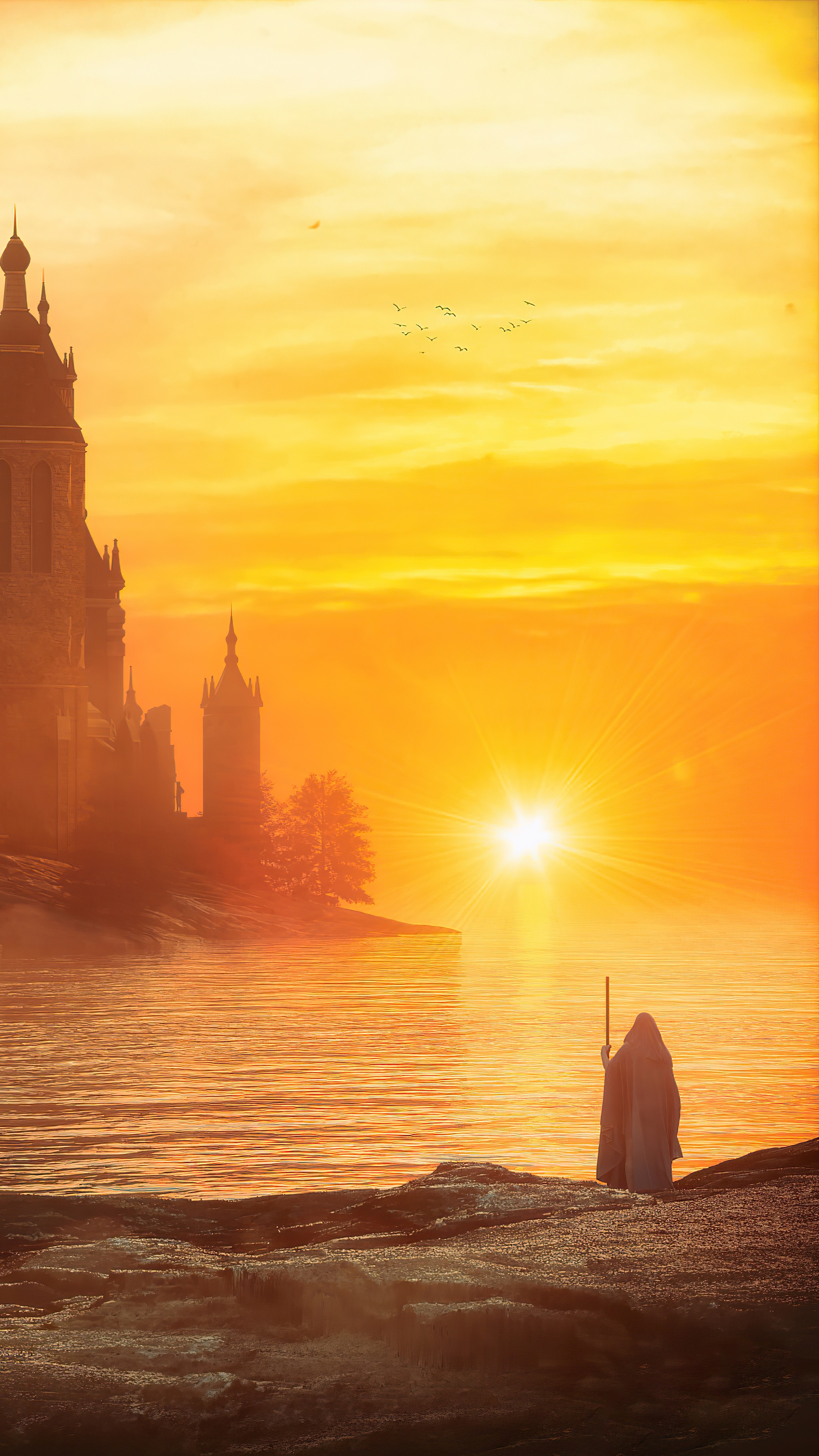Wizard by a castle at sunset HD Phone Wallpaper