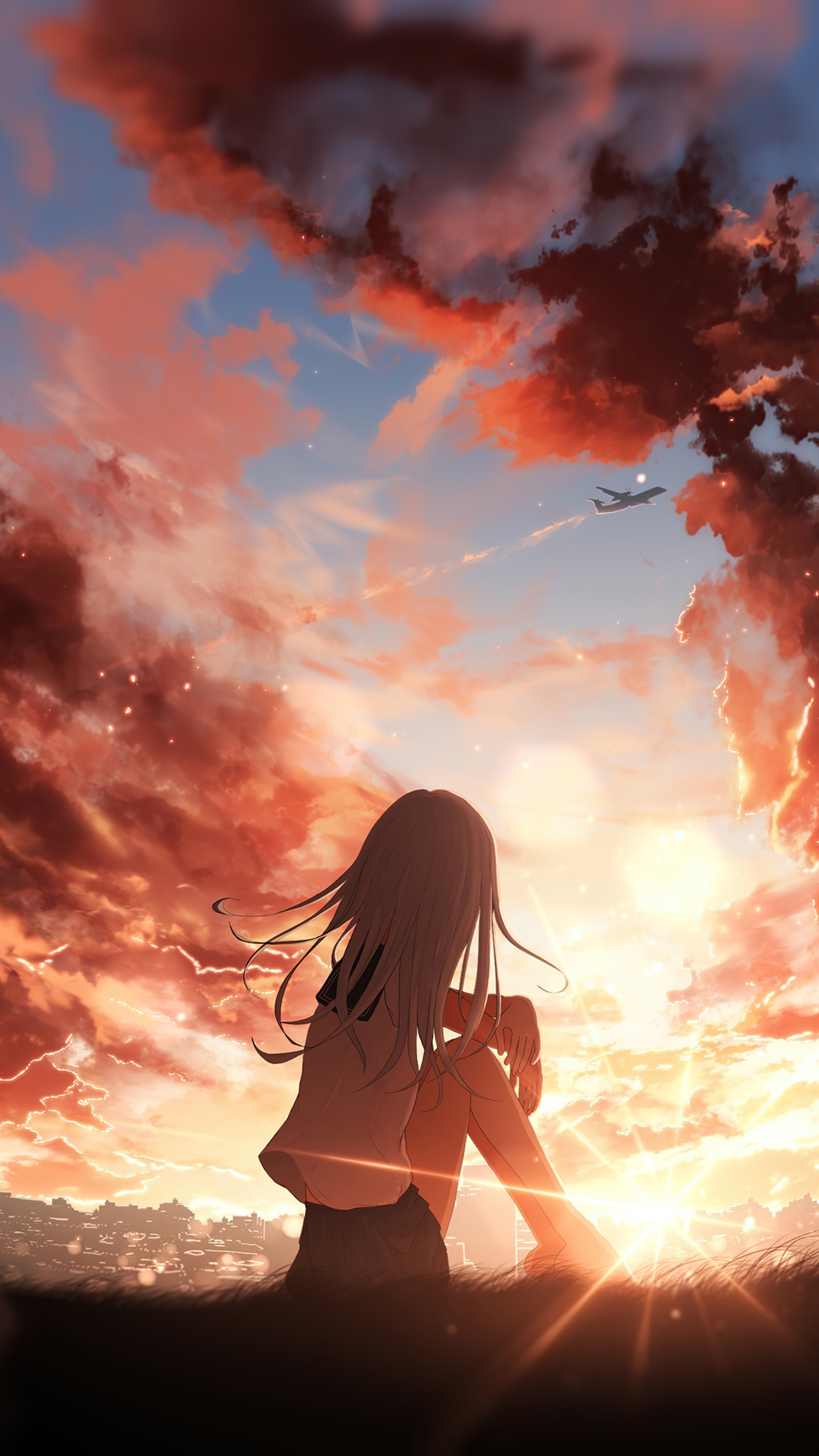 Anime girl watching airplane in sunset sky 4K HD Phone Wallpaper