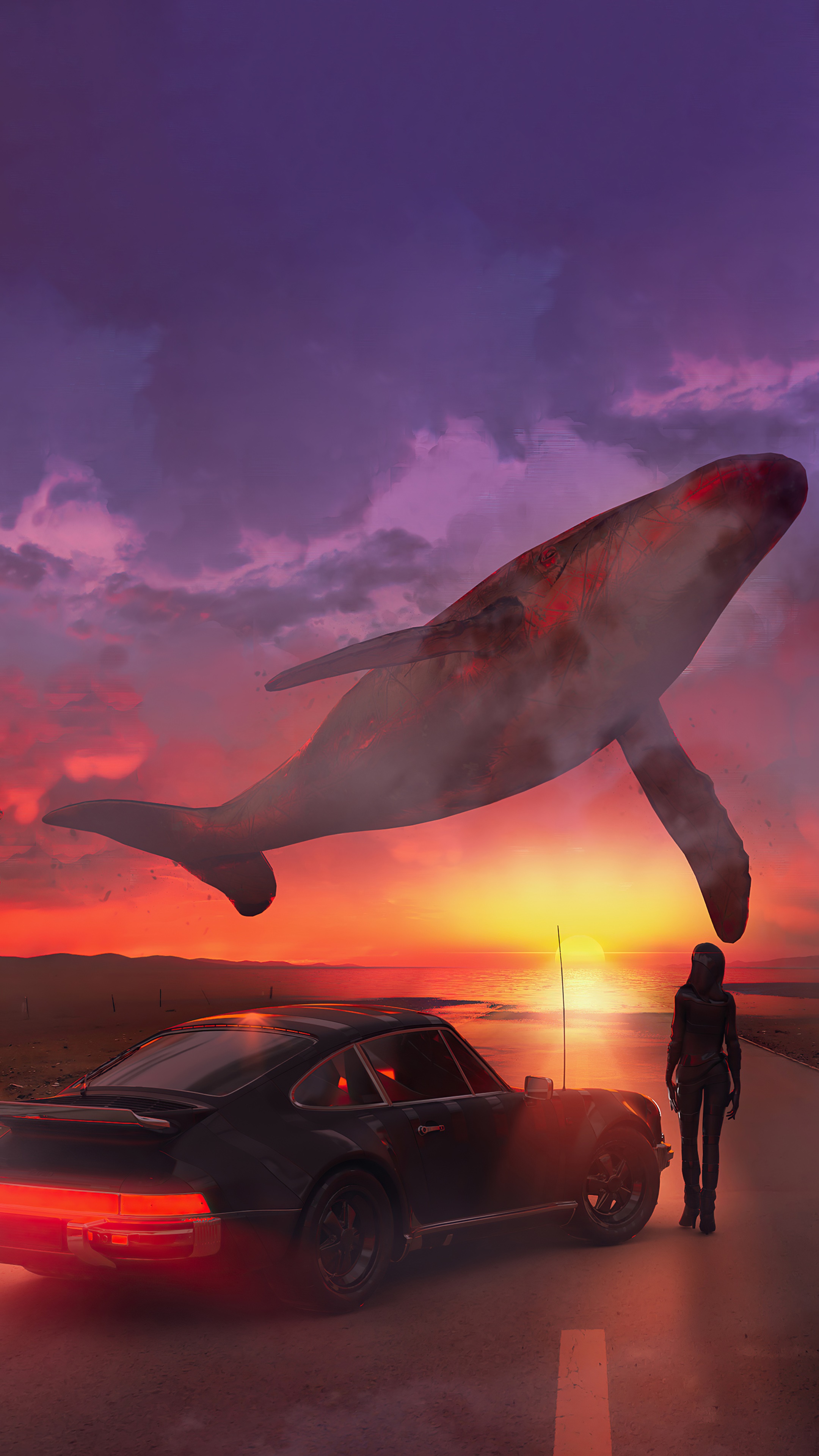 Surreal scene with a whale flying over a car and a person HD Phone Wallpaper