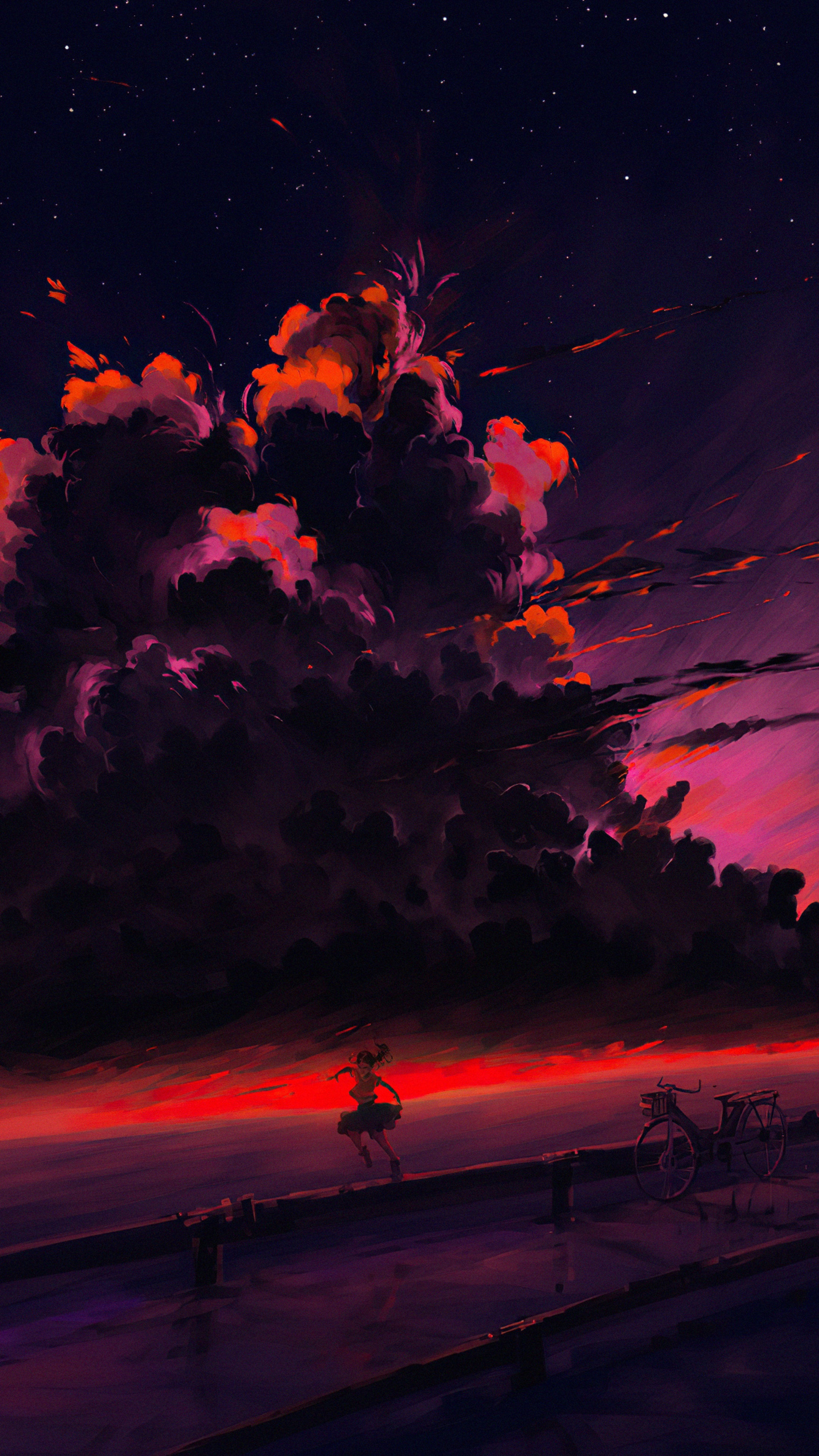 Anime girl running on a bridge at sunset HD Phone Wallpaper