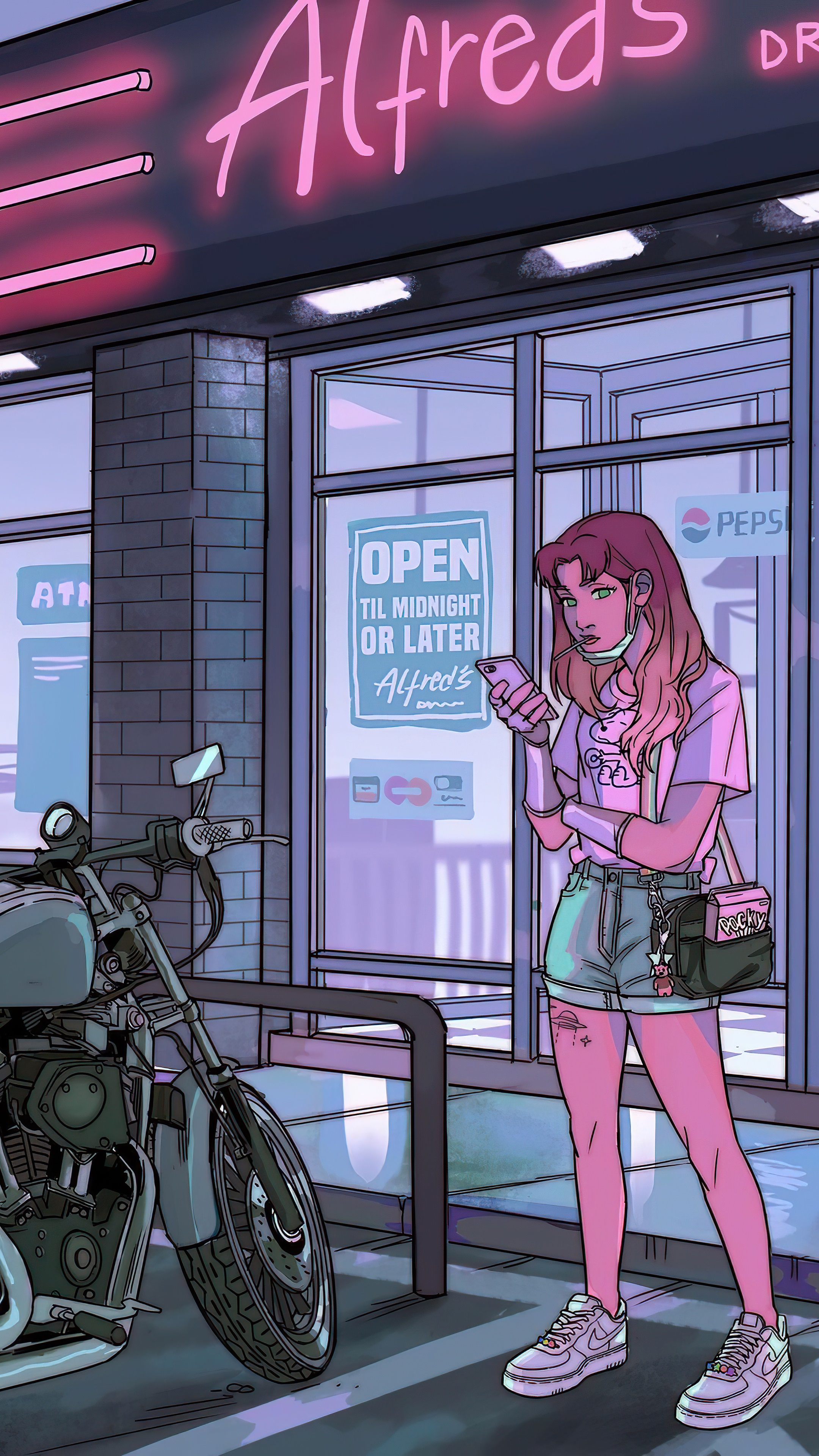 Girl with phone at Alfred's Drive-In HD Phone Wallpaper