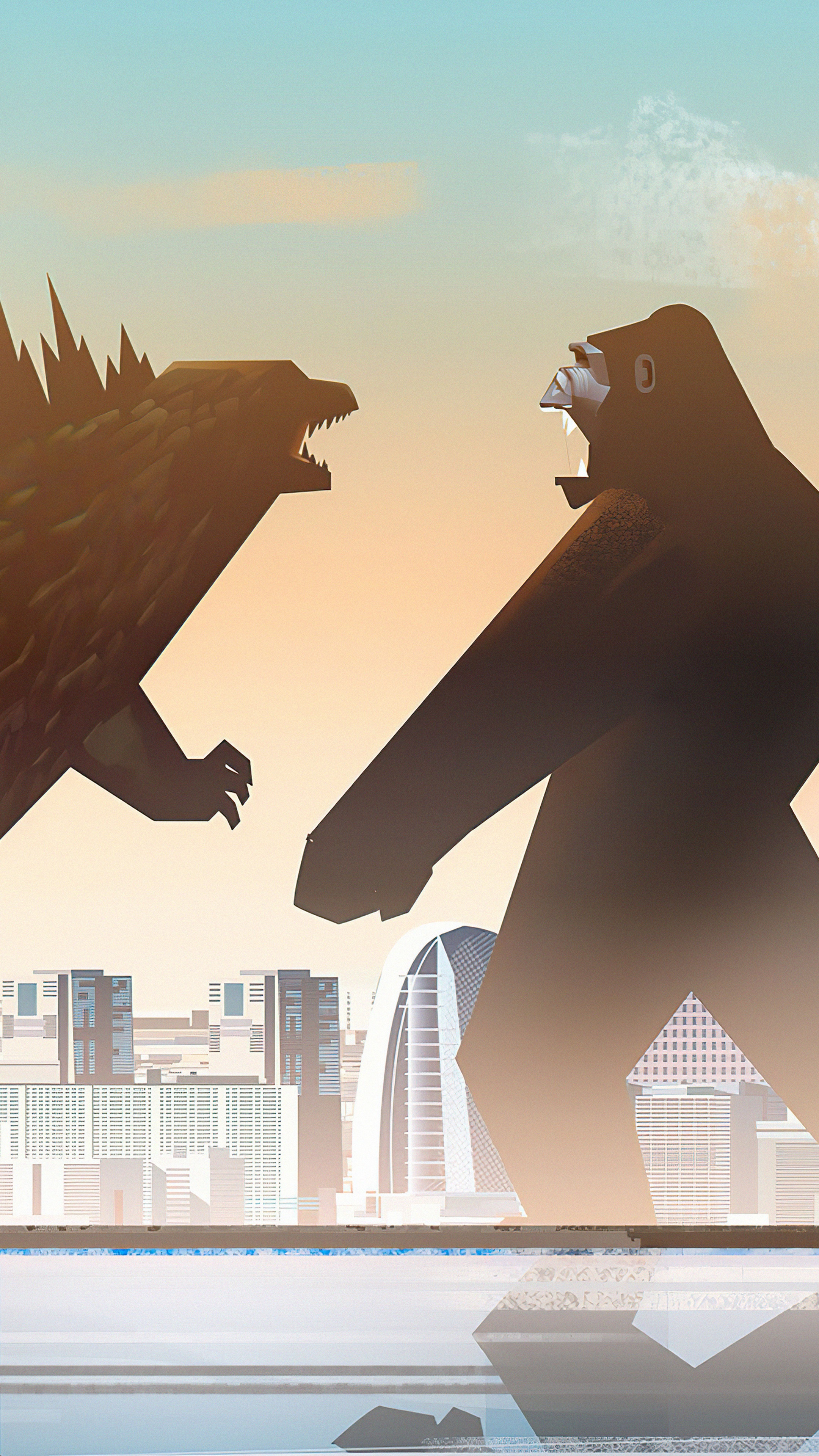 Godzilla vs. Kong in a city HD Phone Wallpaper