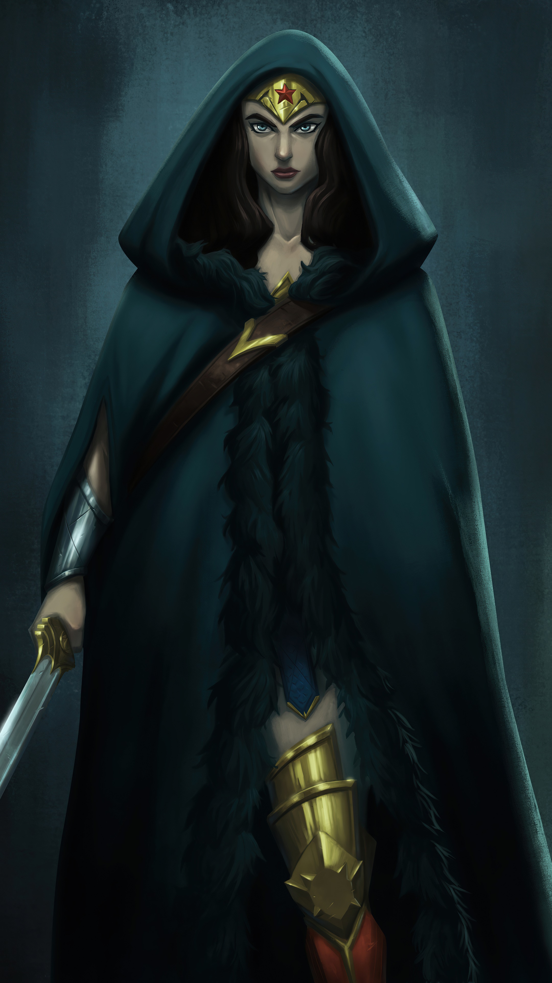 Wonder Woman with Hooded Cape and Sword HD Phone Wallpaper