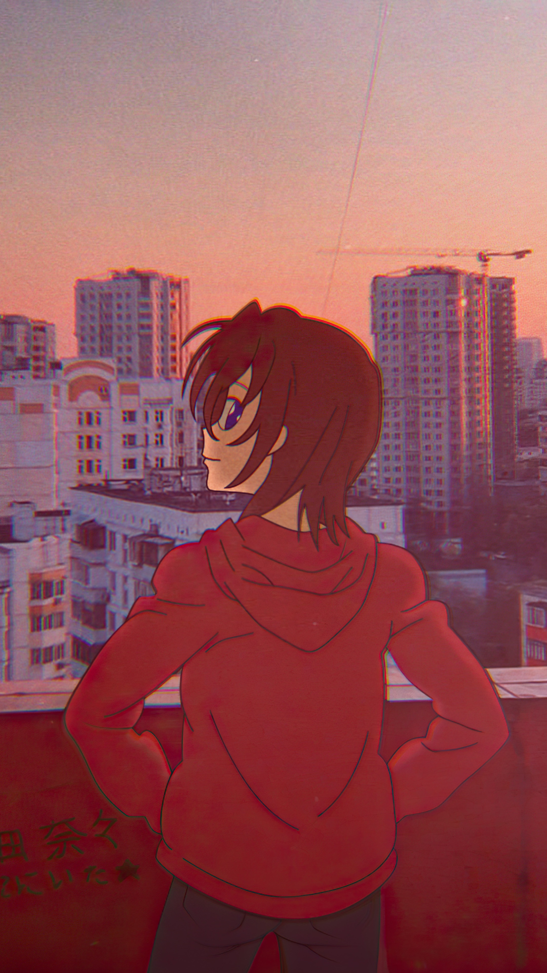 Anime girl in red hoodie looking at city skyline HD Phone Wallpaper