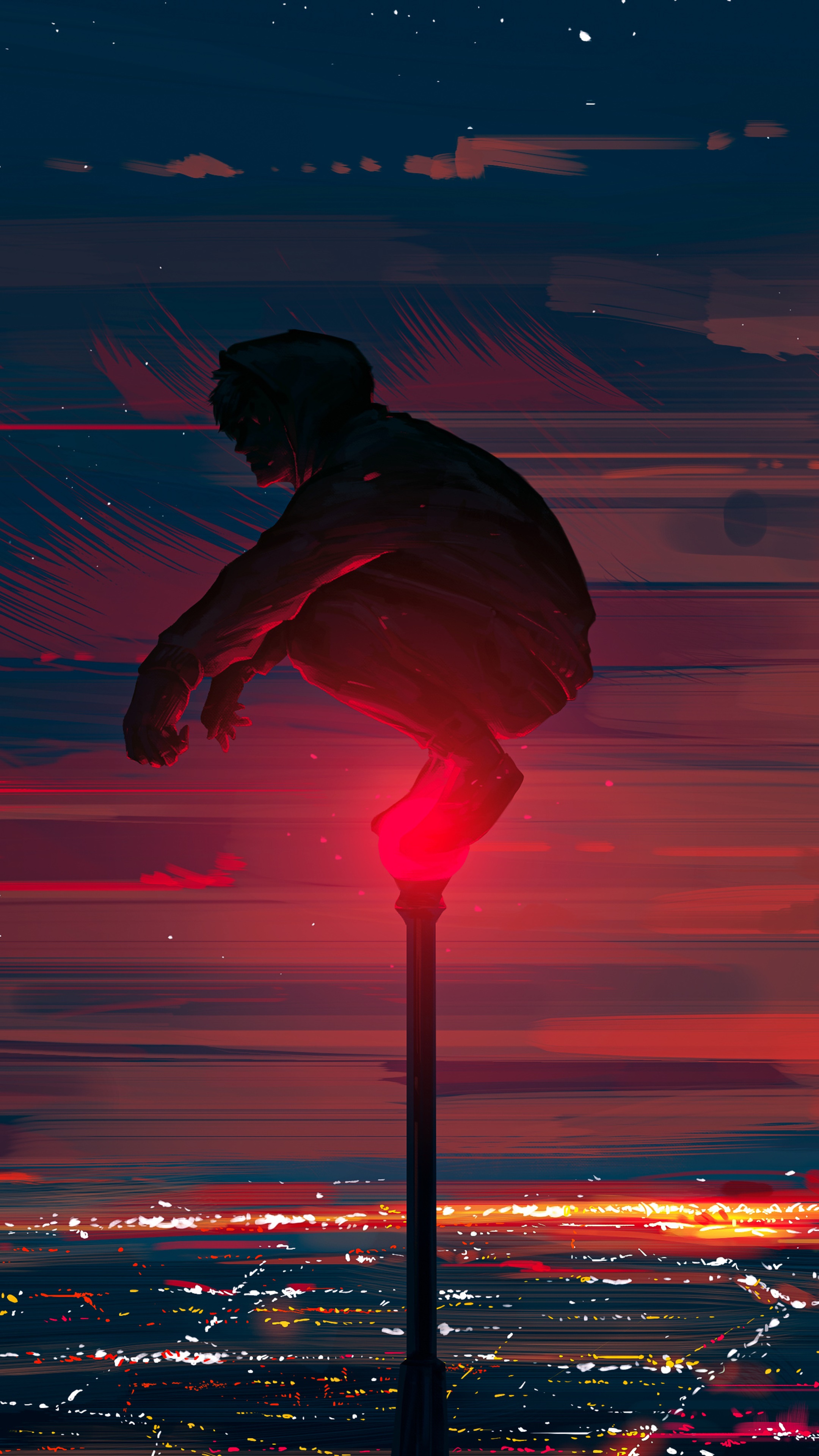 Man squatting on a lamppost overlooking city lights HD Phone Wallpaper
