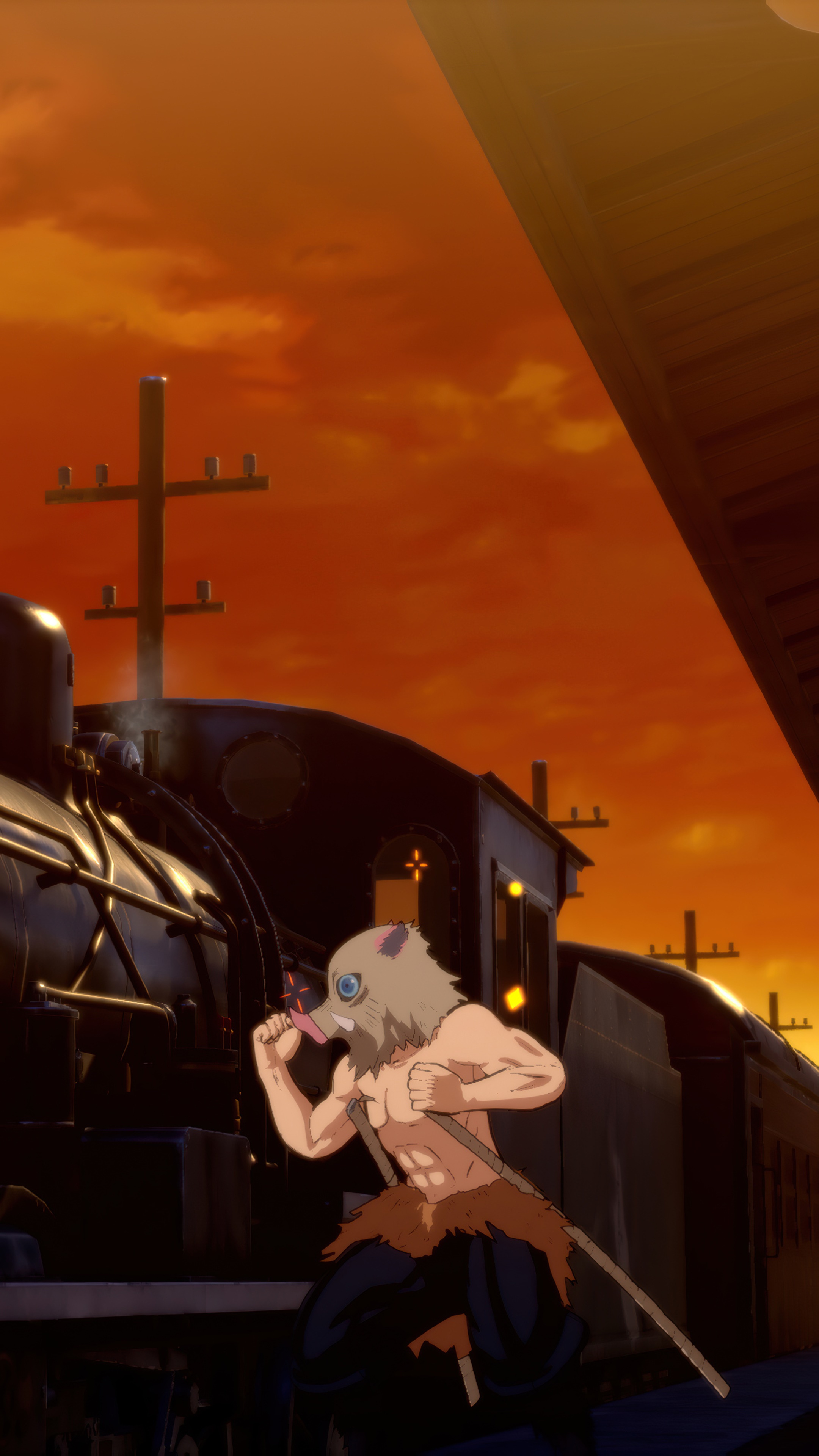 Inosuke from Demon Slayer: Kimetsu no Yaiba on a train HD Phone Wallpaper