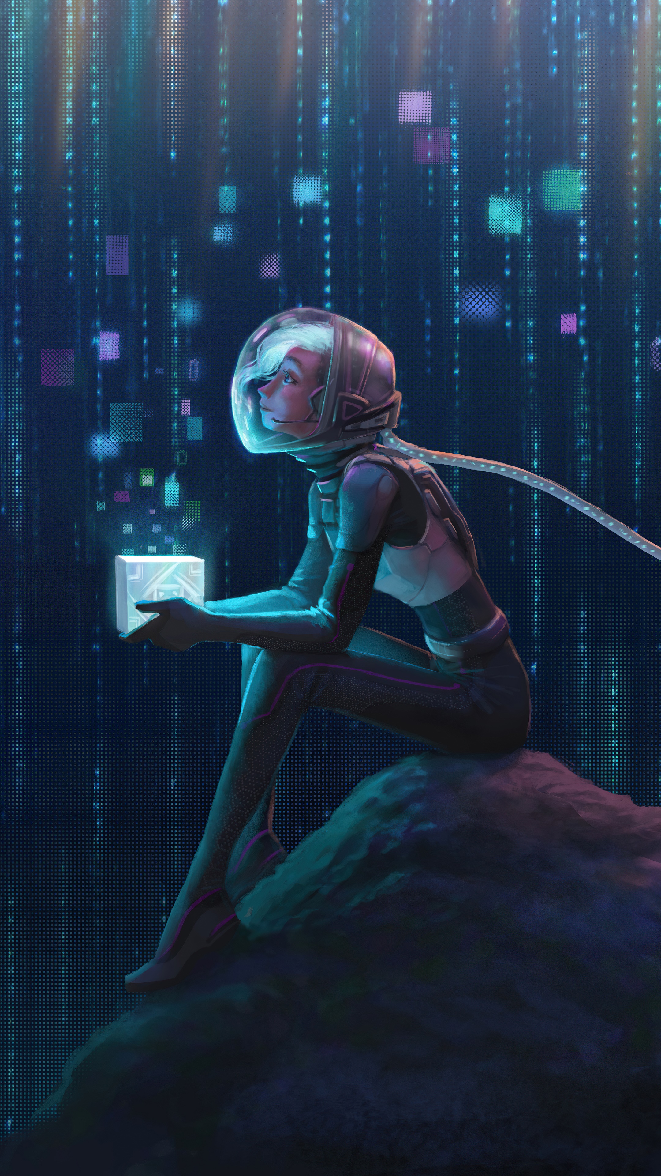 Astronaut holding a glowing cube with digital rain HD Phone Wallpaper