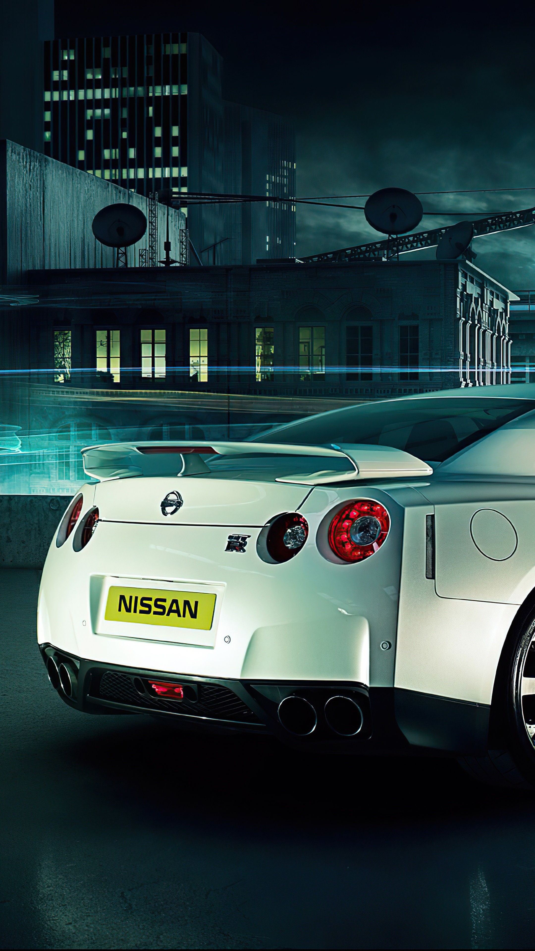 White Nissan GT-R in a City at Night HD Phone Wallpaper