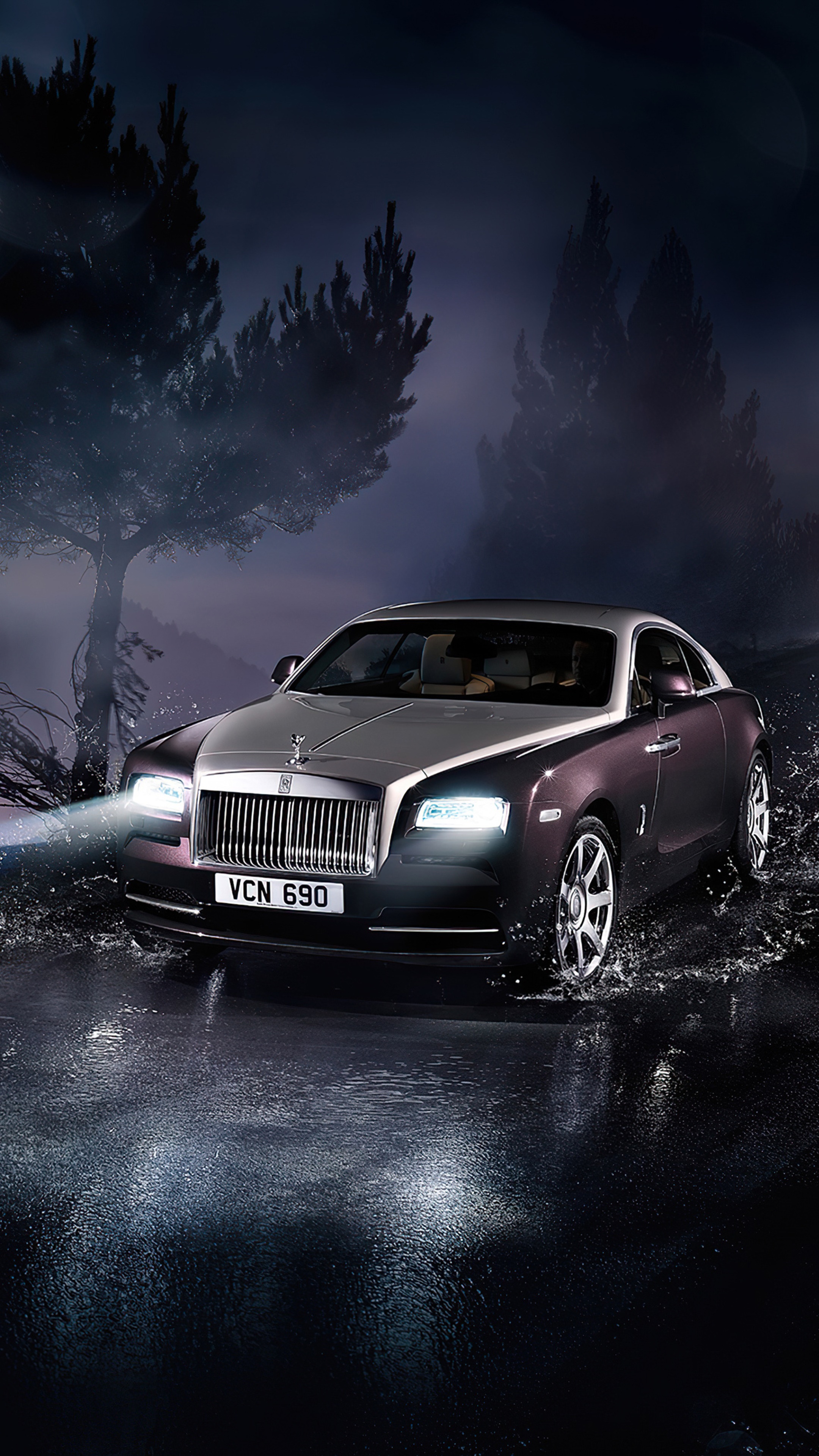 Rolls Royce Wraith driving through water at night HD Phone Wallpaper
