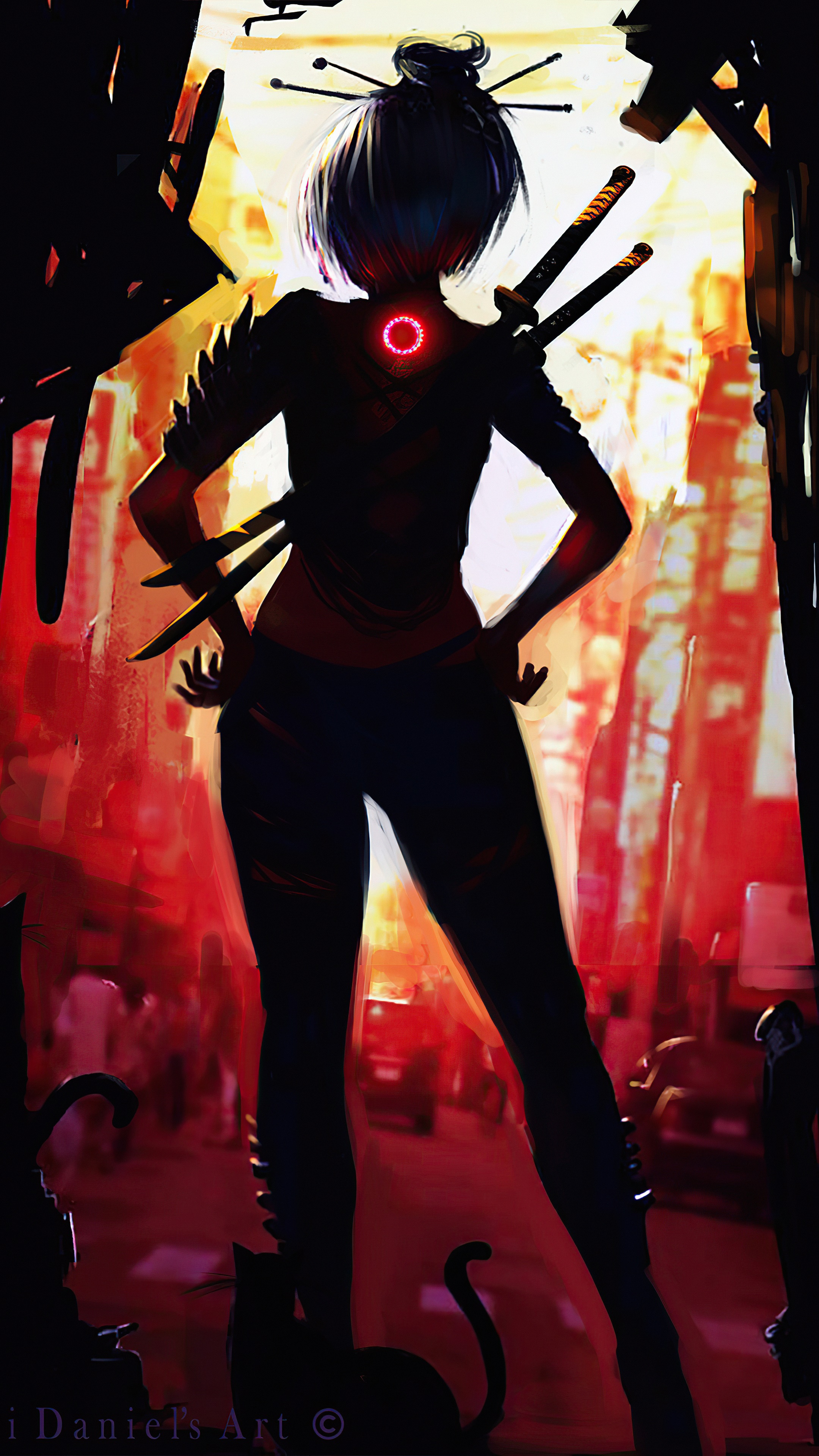 Silhouette of a woman with swords and a red halo HD Phone Wallpaper