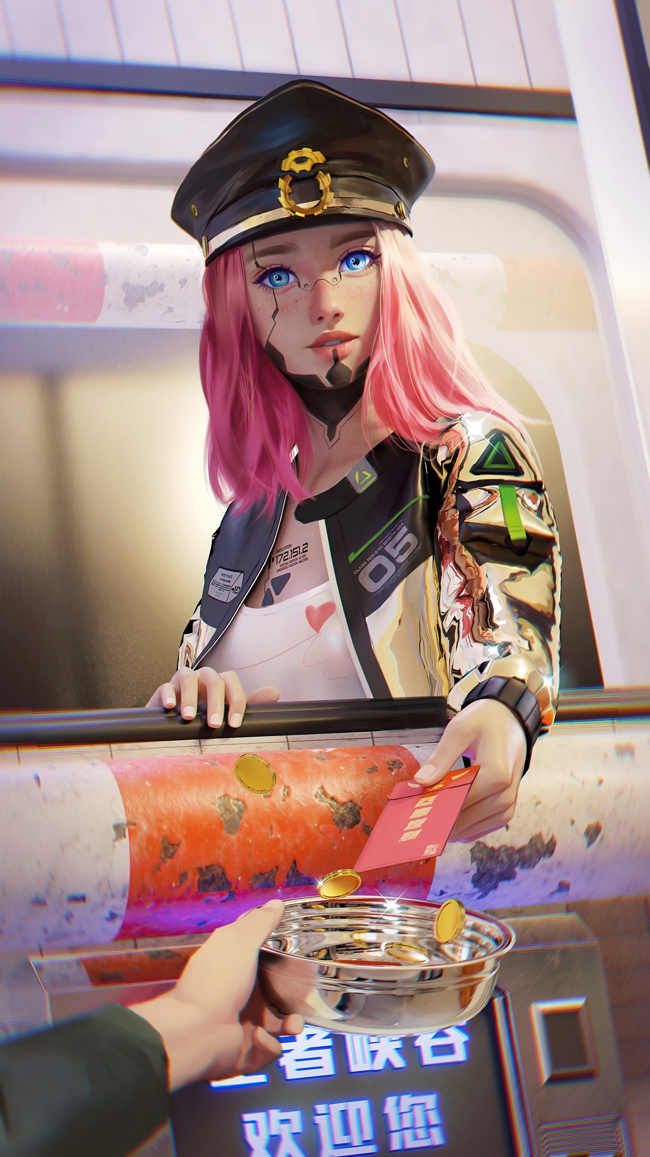 Cyberpunk girl with pink hair at a ticket booth HD Phone Wallpaper