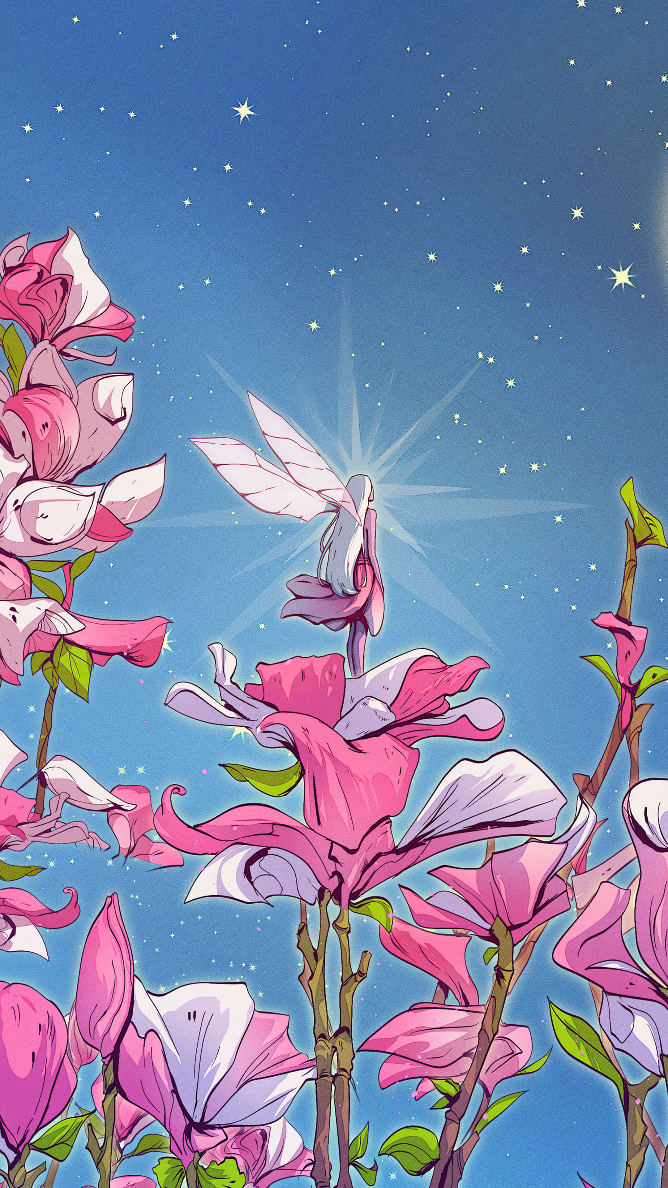 Fairy sitting on a flower under the stars HD Phone Wallpaper