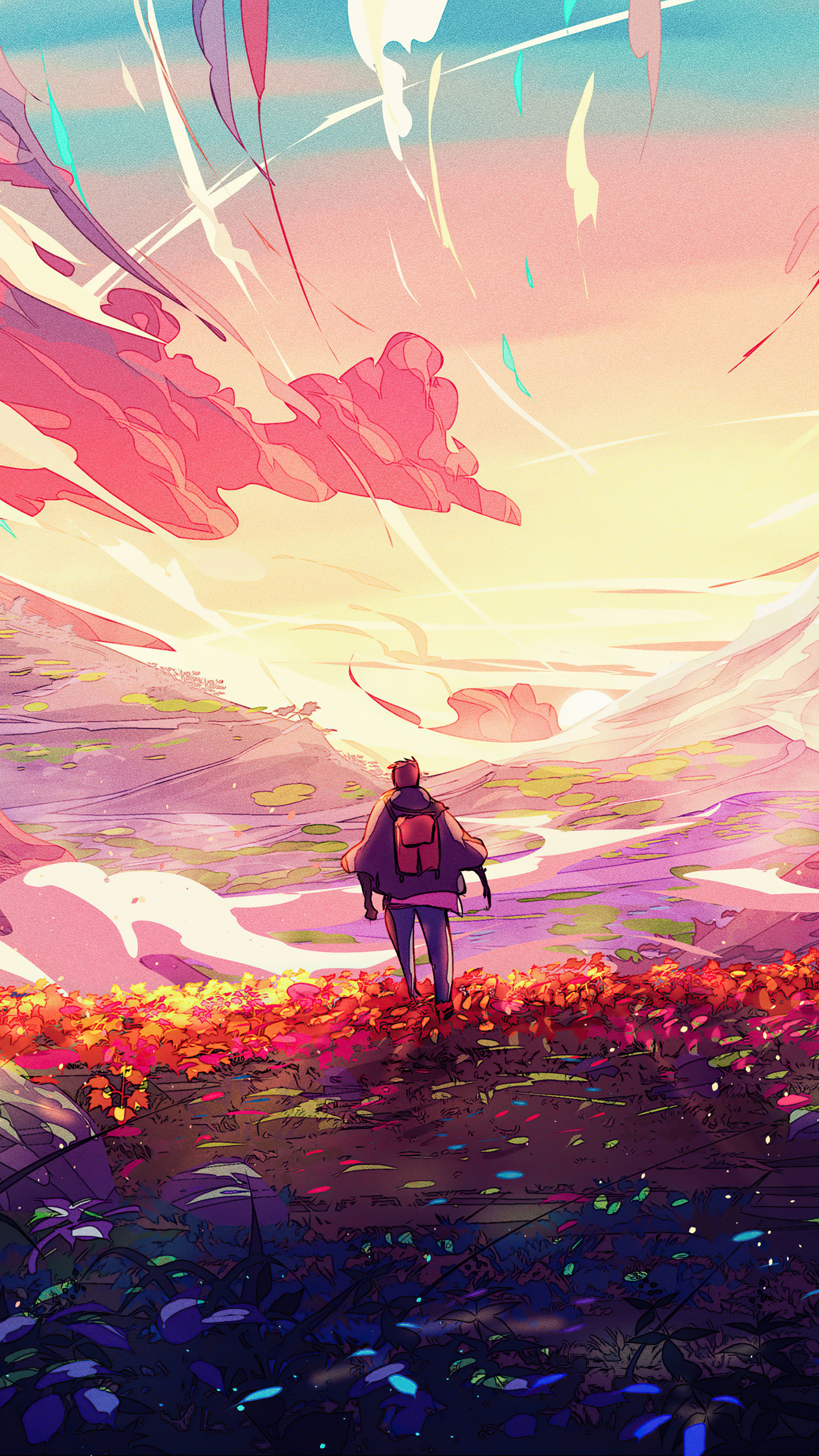 Person with backpack walking through a colorful landscape HD Phone Wallpaper