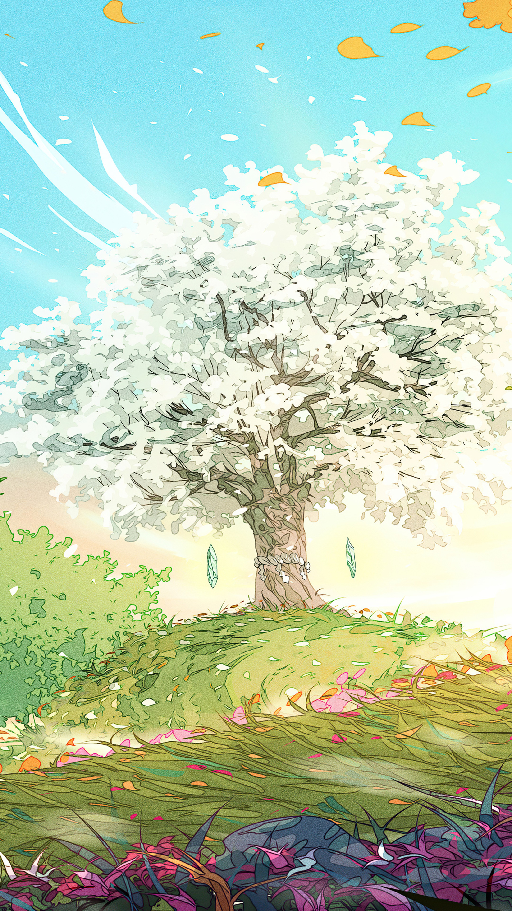 Fantasy Tree with Crystals in a Meadow HD Phone Wallpaper