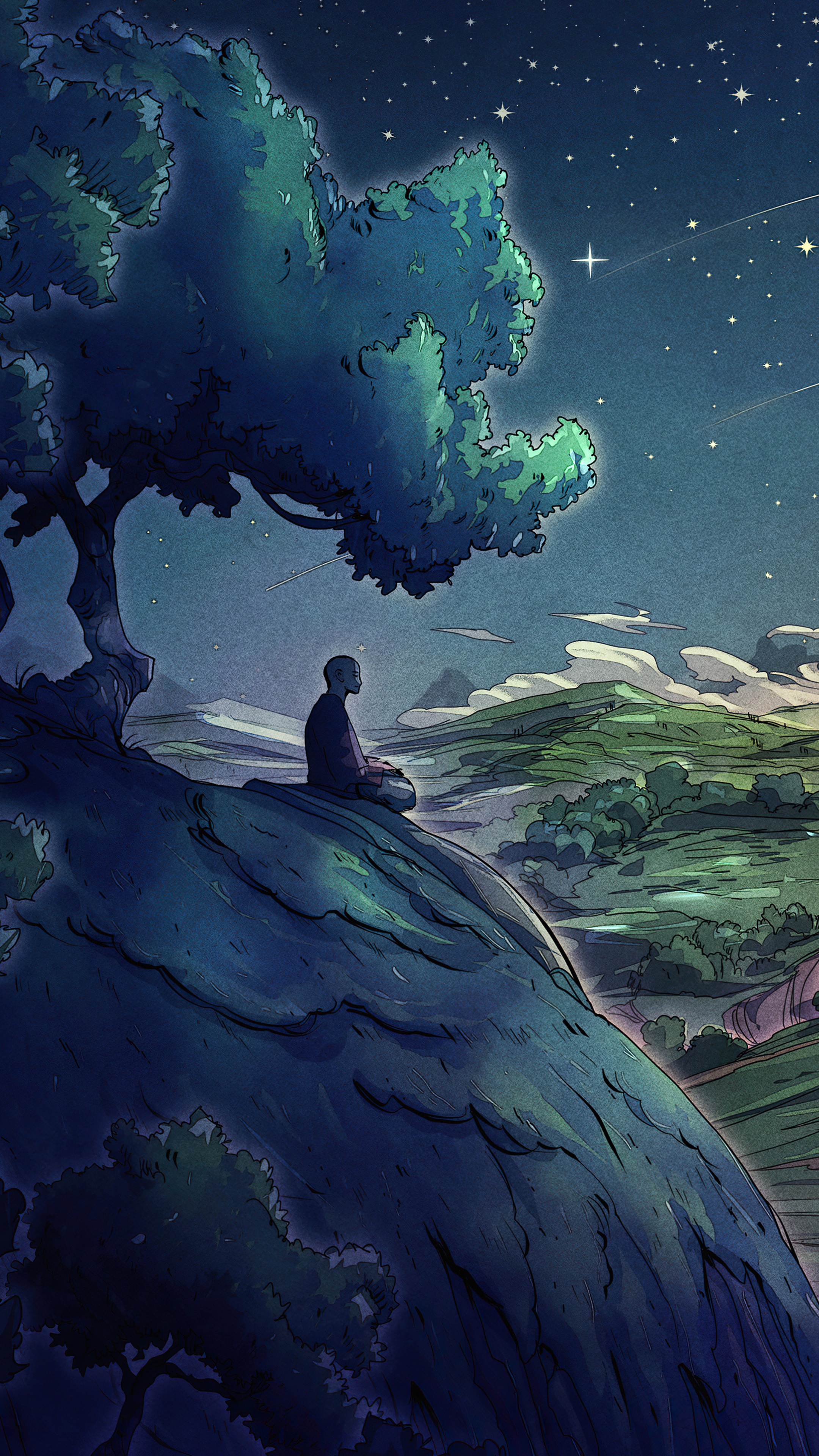 Man meditating under a tree at night HD Phone Wallpaper