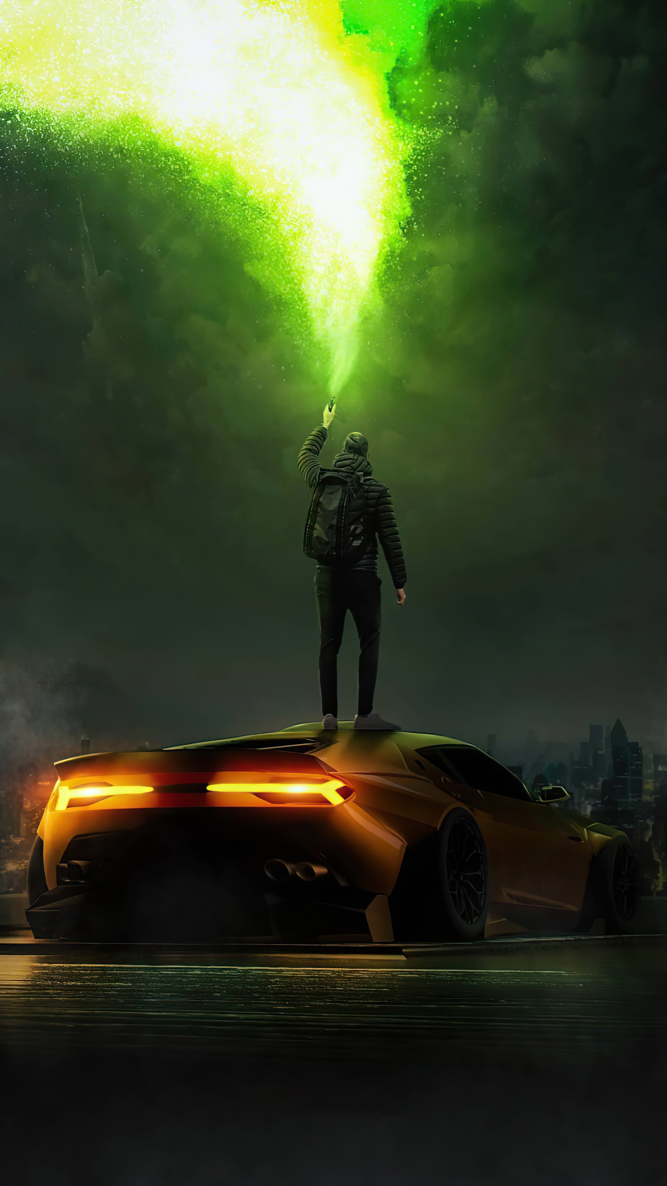 Man on a car with green smoke HD Phone Wallpaper