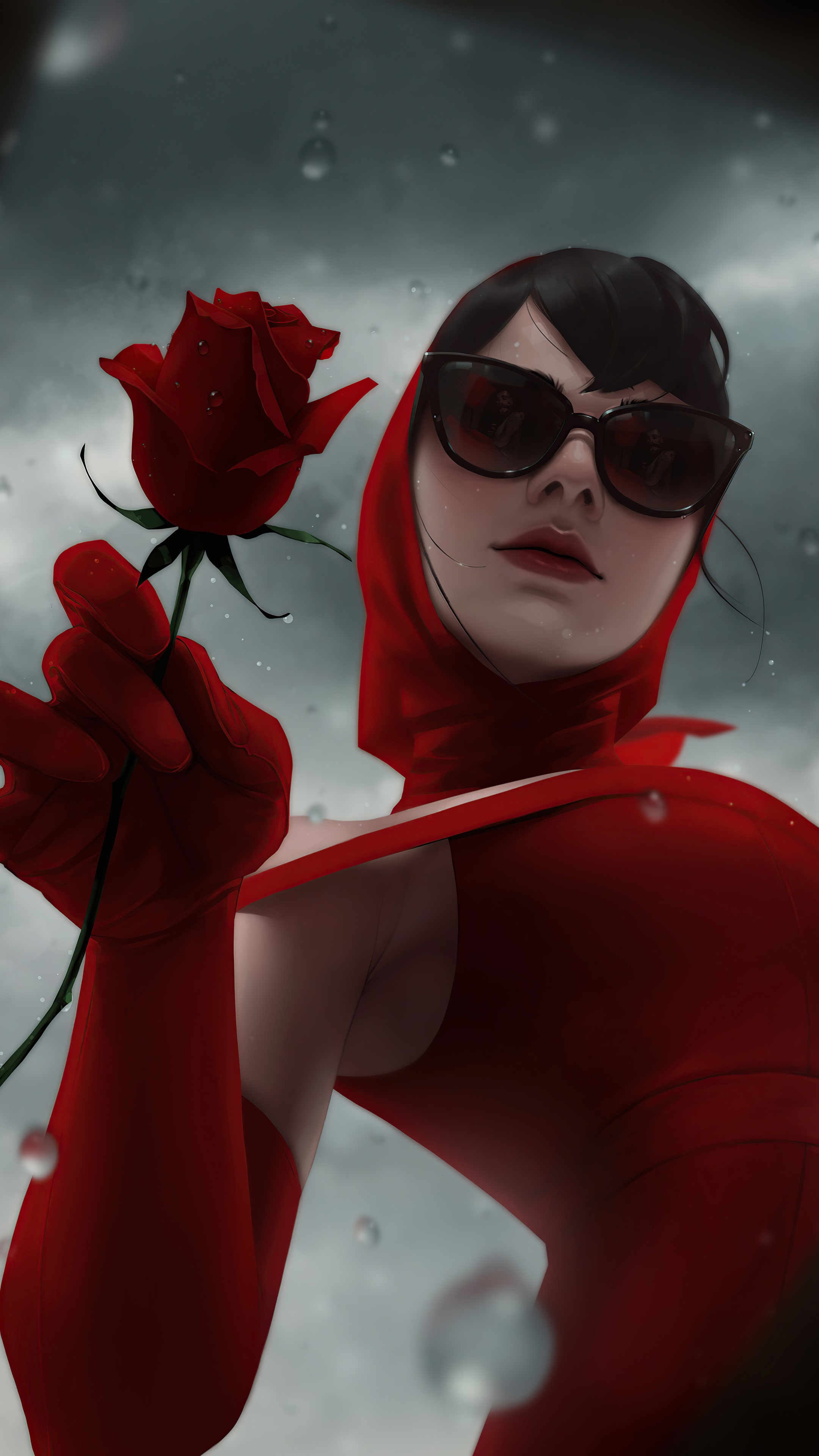 Artwork of a woman in red holding a rose HD Phone Wallpaper