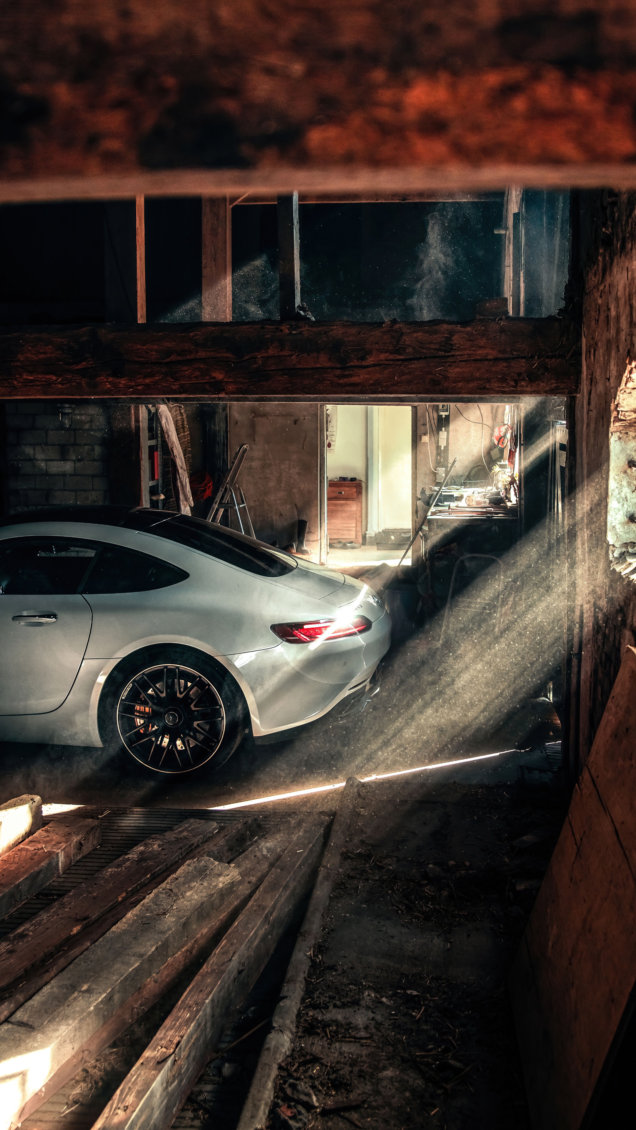 White Mercedes-AMG GT in a Dusty Garage HD Phone Wallpaper