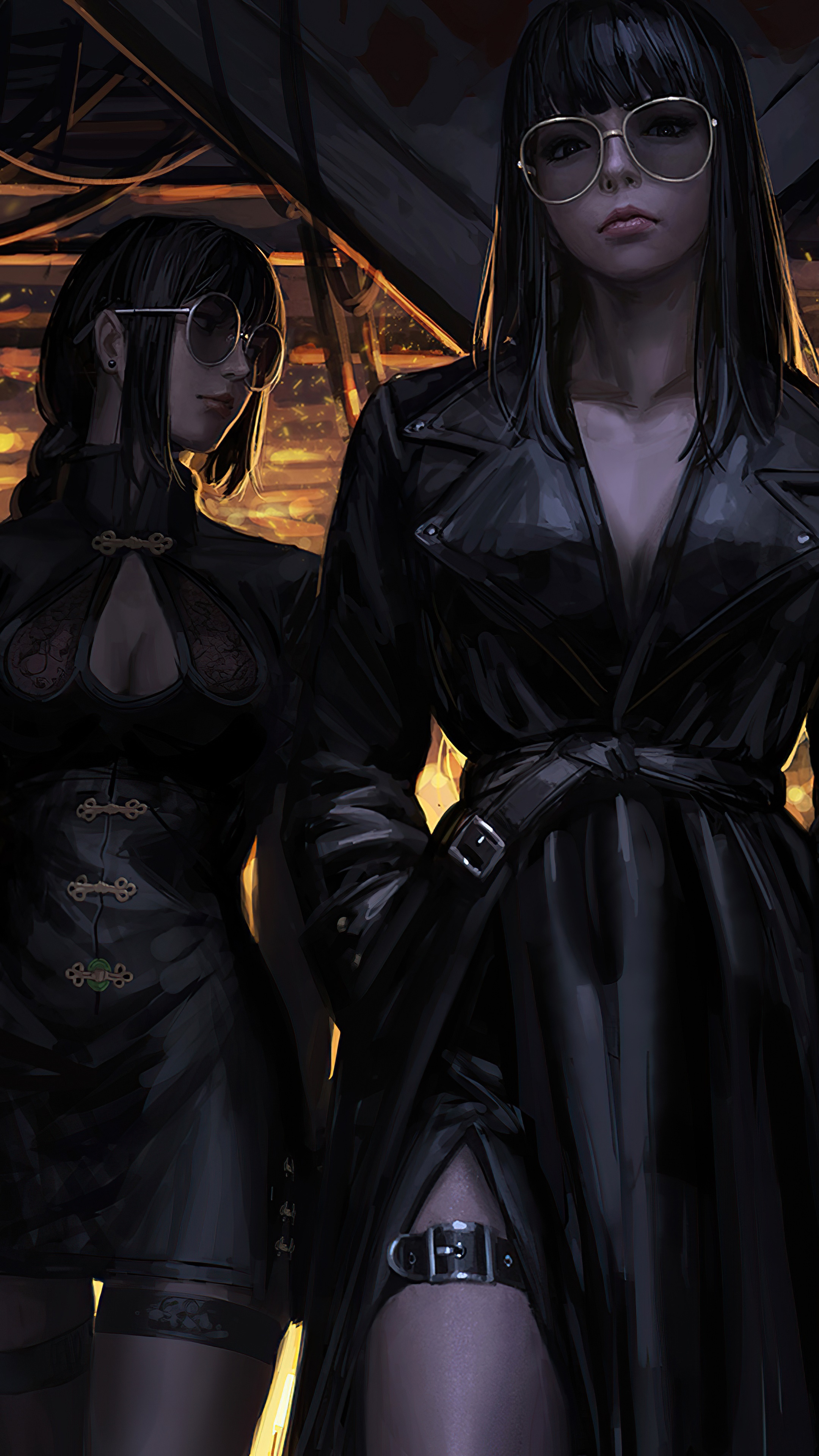 Two women in black outfits and sunglasses HD Phone Wallpaper