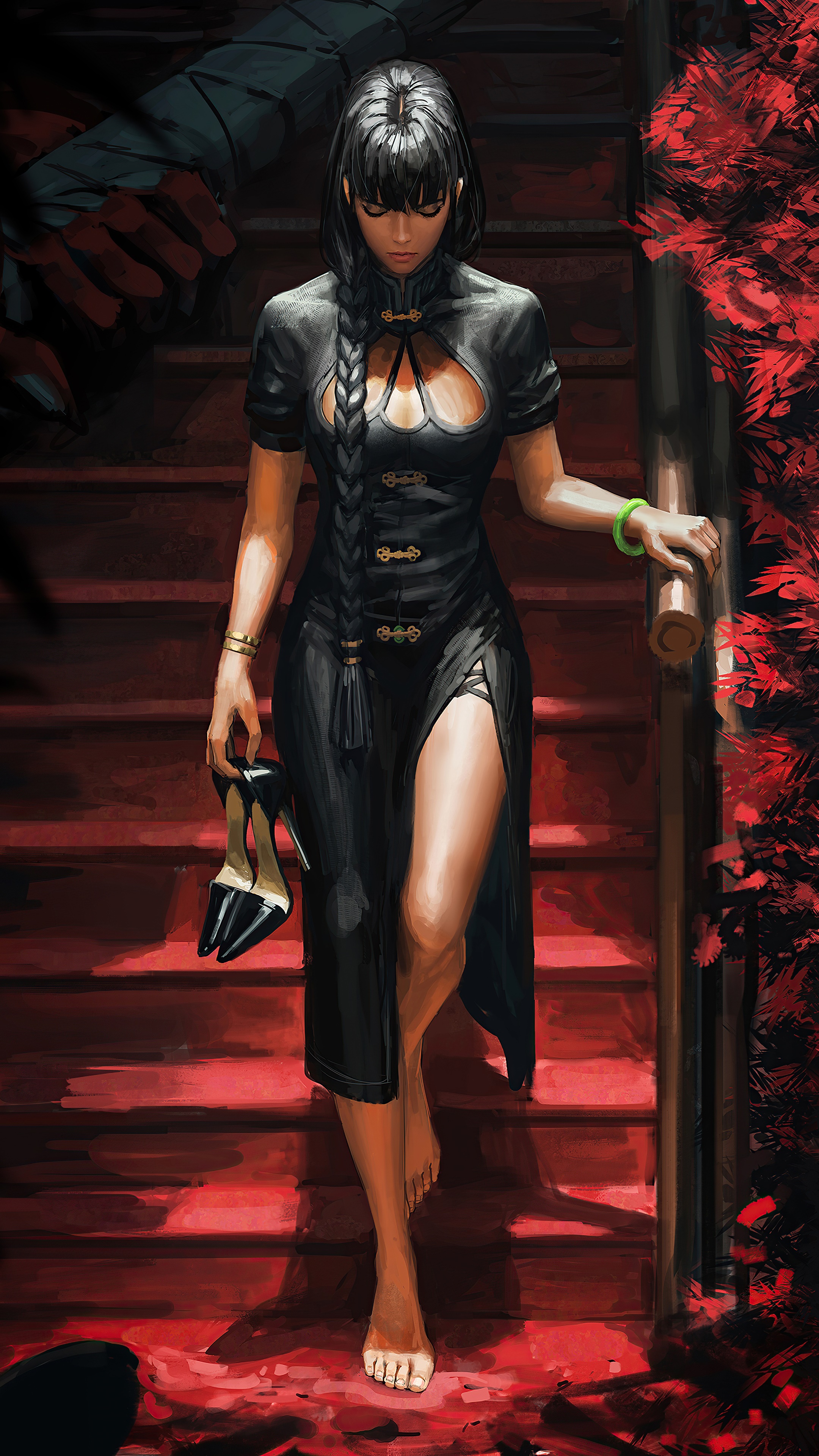 Woman in black dress walking down stairs HD Phone Wallpaper