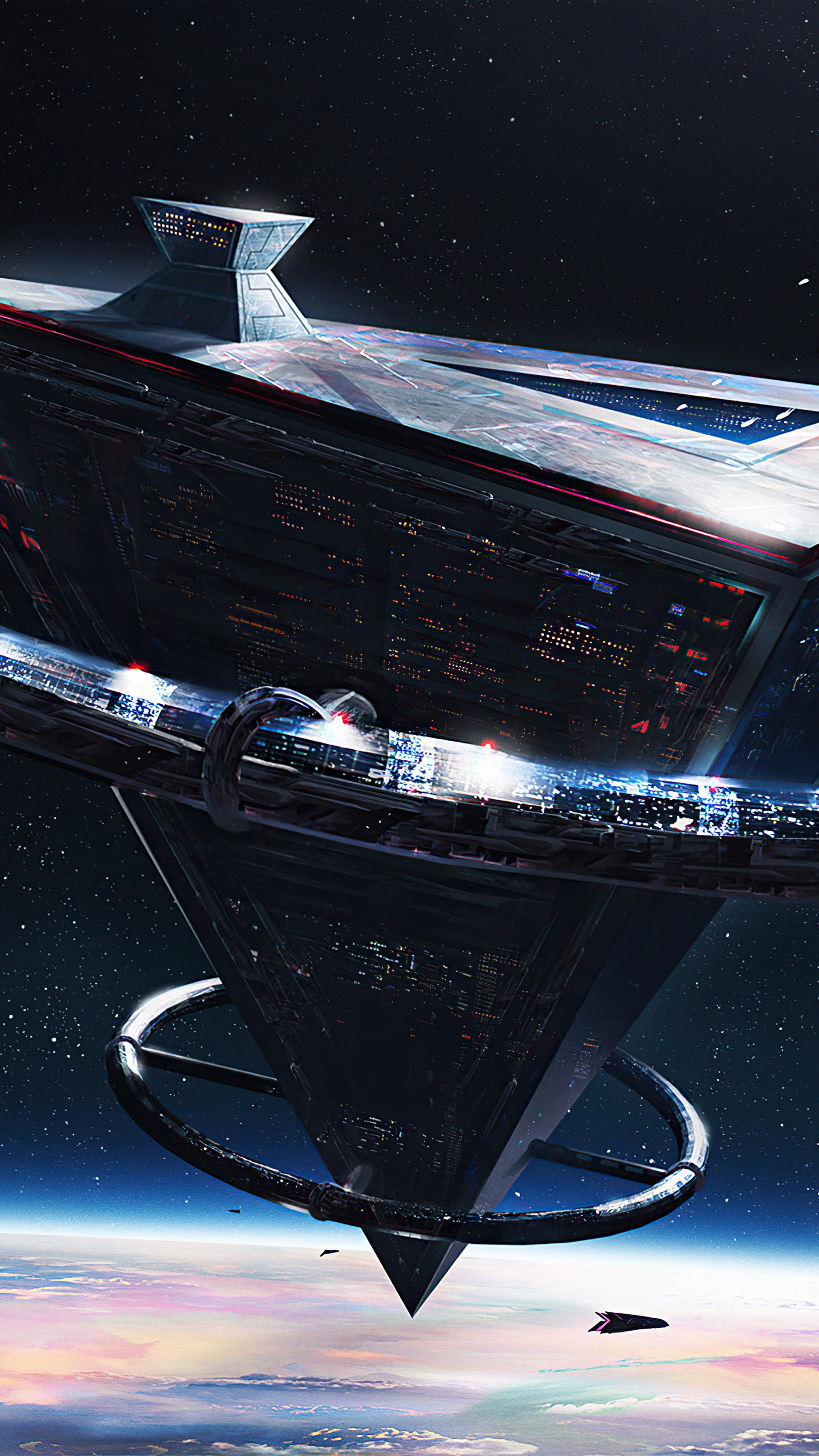 Sci-fi space station above a planet HD Phone Wallpaper