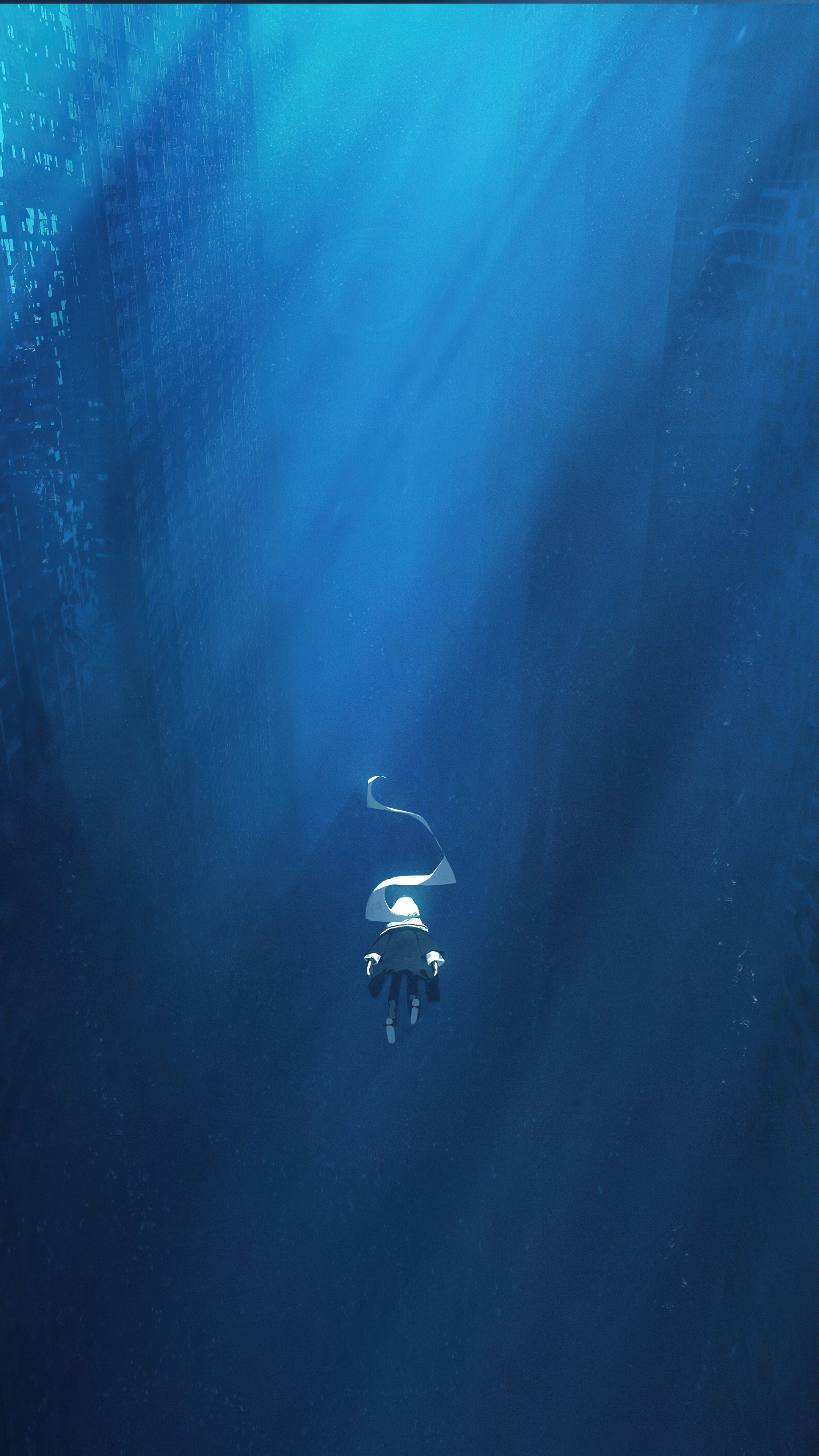 Artwork of a person floating in deep blue water HD Phone Wallpaper