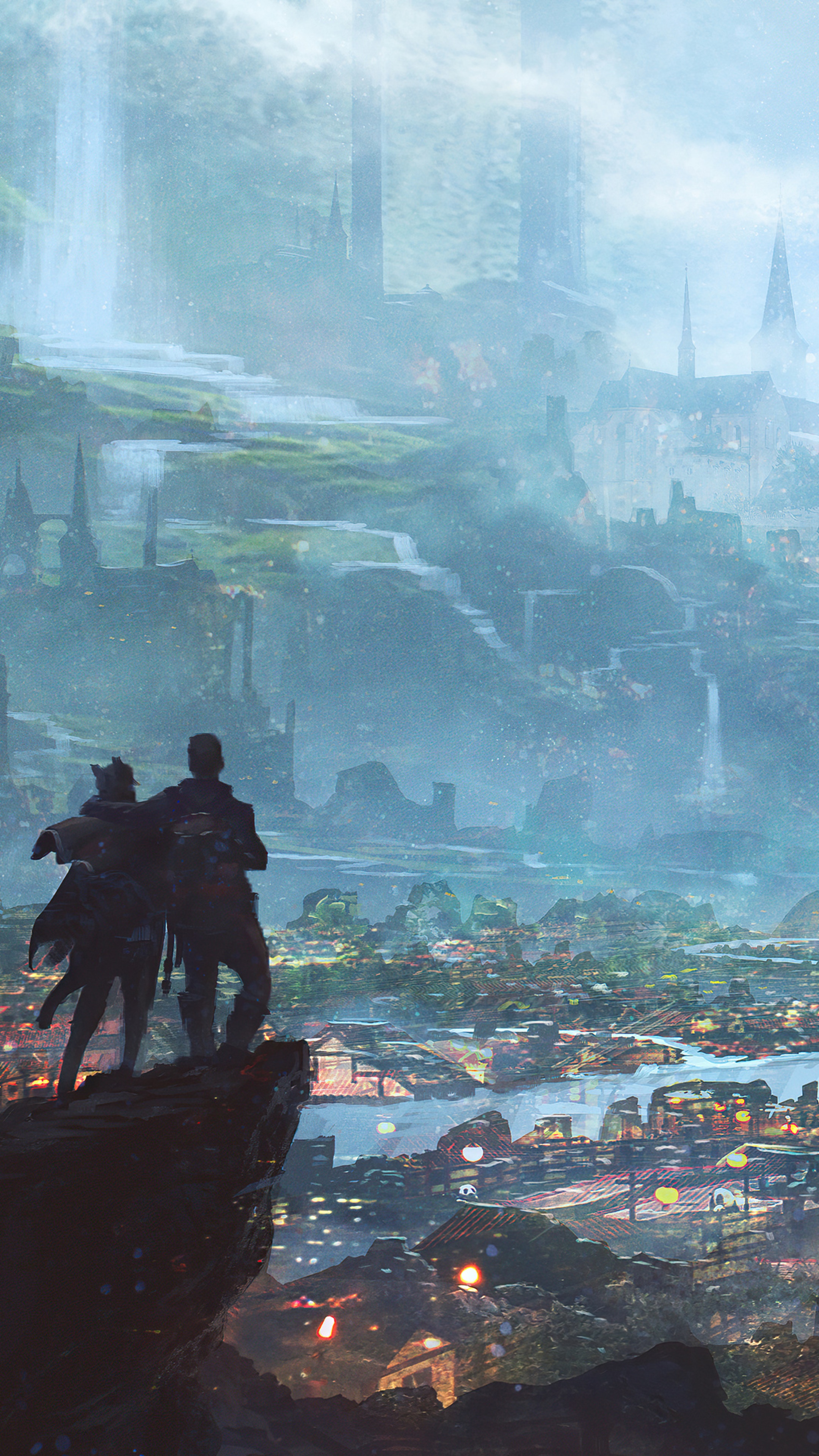 Fantasy Cityscape with Two Figures on a Cliff HD Phone Wallpaper