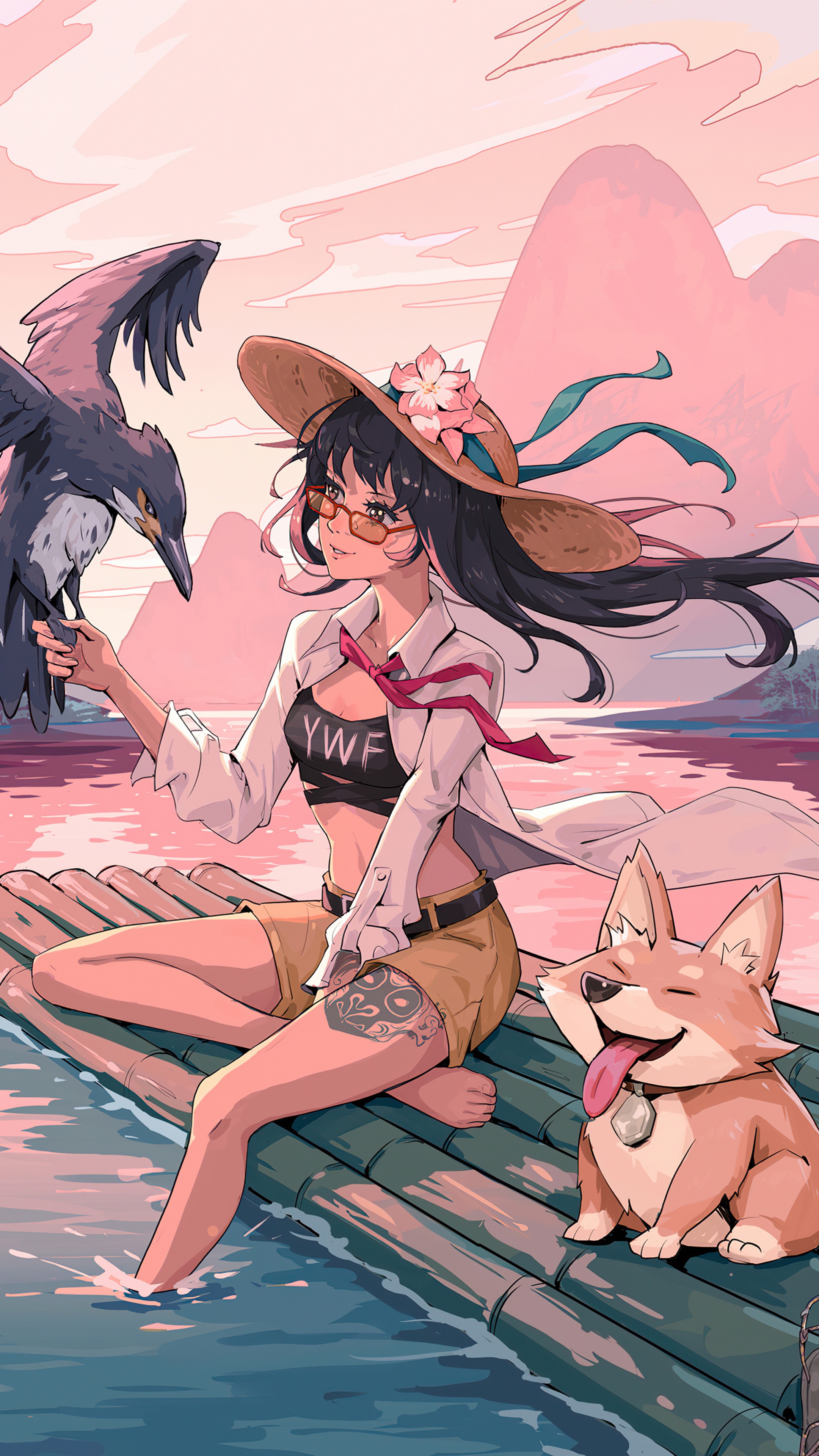 Anime girl with bird and dog on a raft HD Phone Wallpaper