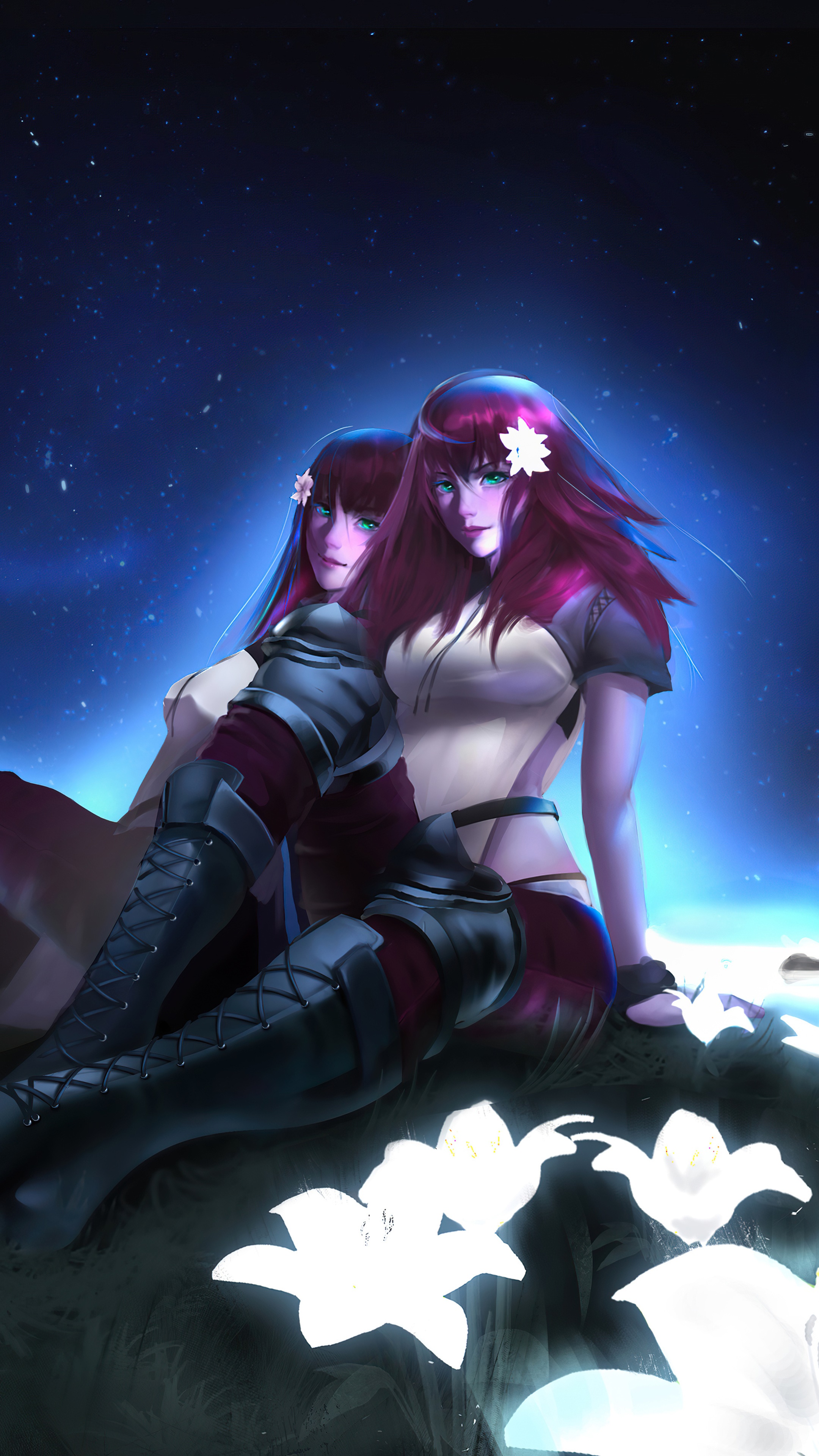 Two women from Nier Automata in a starry night HD Phone Wallpaper