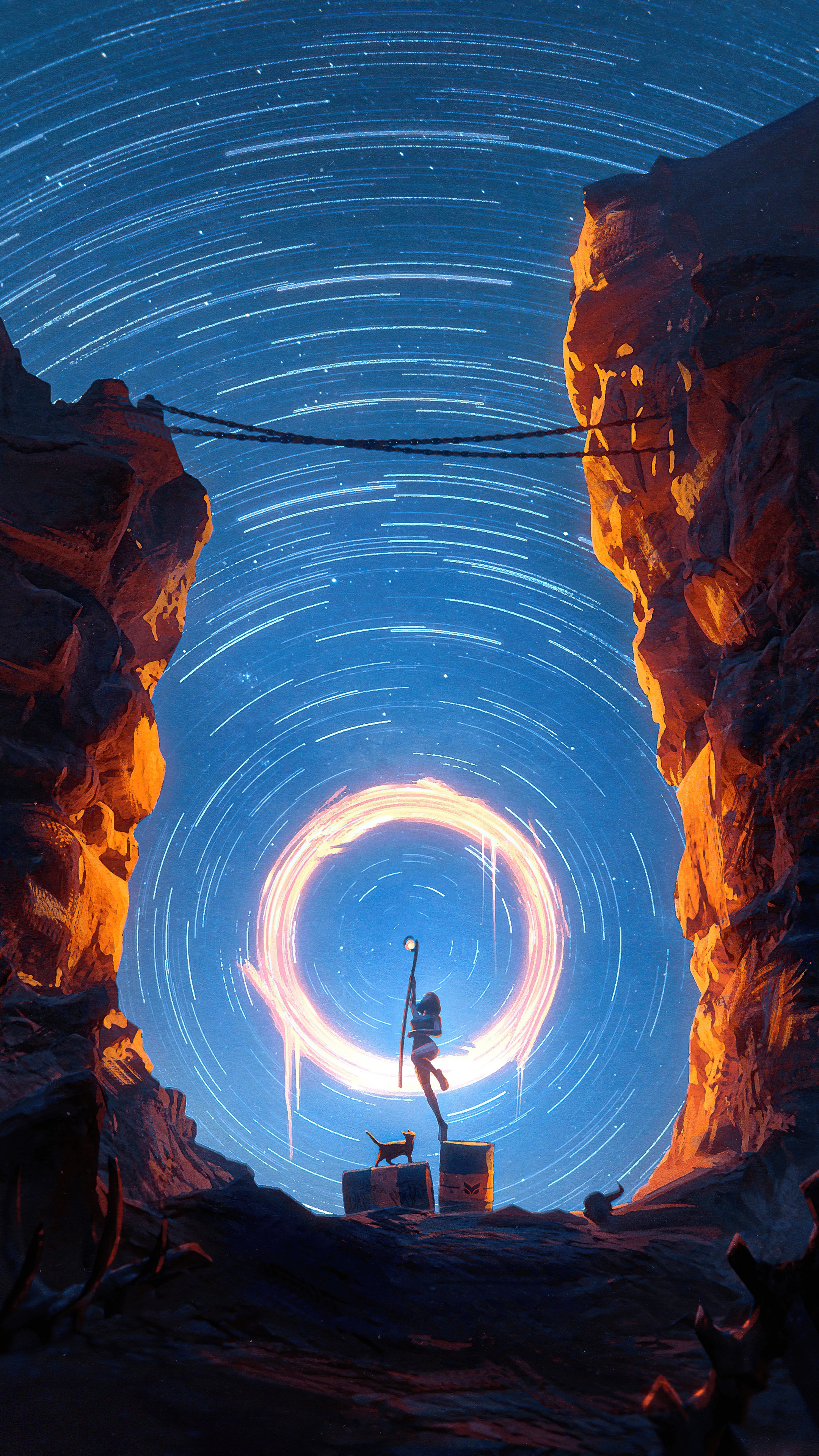 Girl and dog in a portal under star trails HD Phone Wallpaper