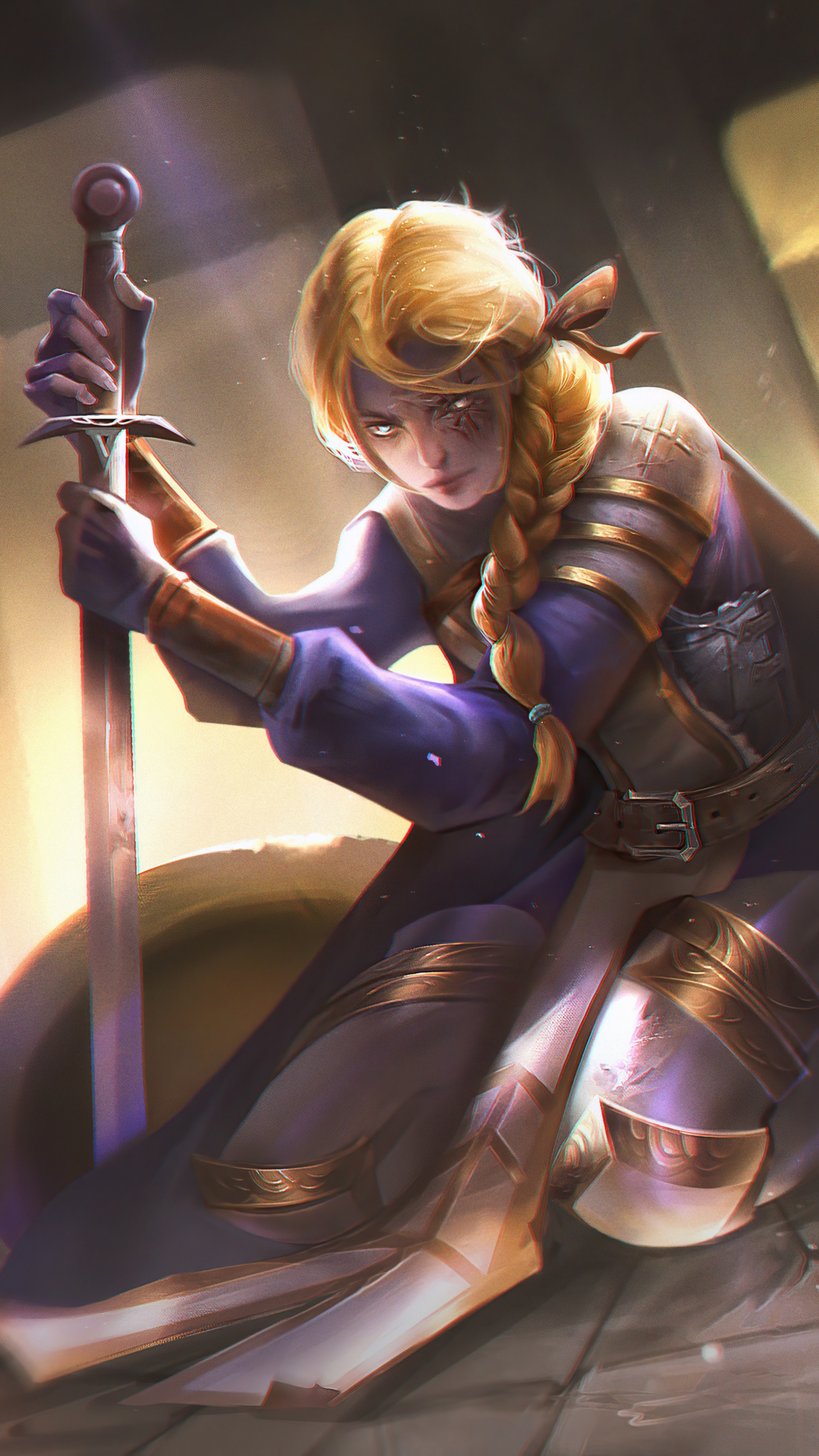 Artwork of a blonde female knight with a sword HD Phone Wallpaper