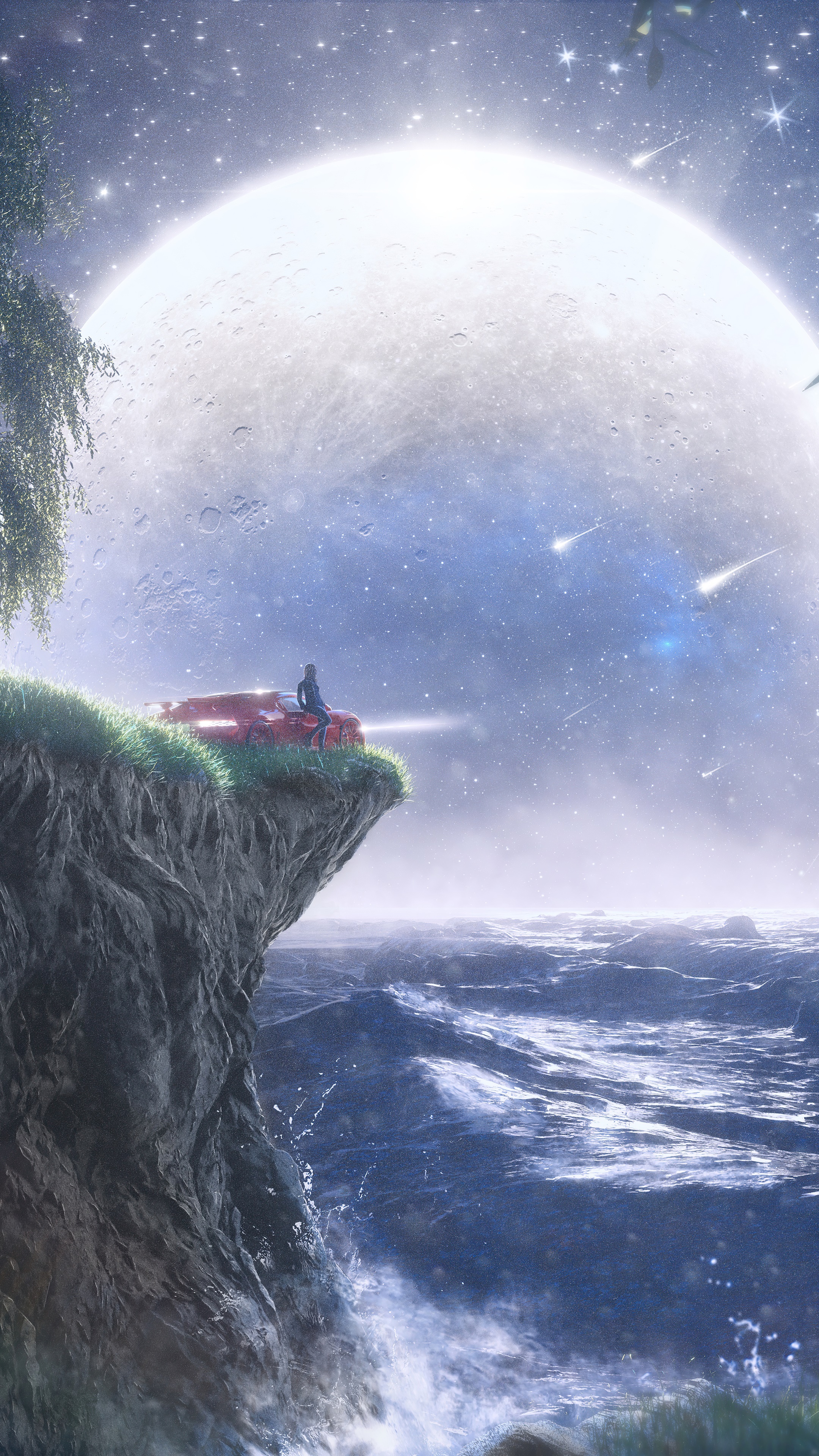 Man sitting in red car on cliff overlooking ocean under moon HD Phone Wallpaper