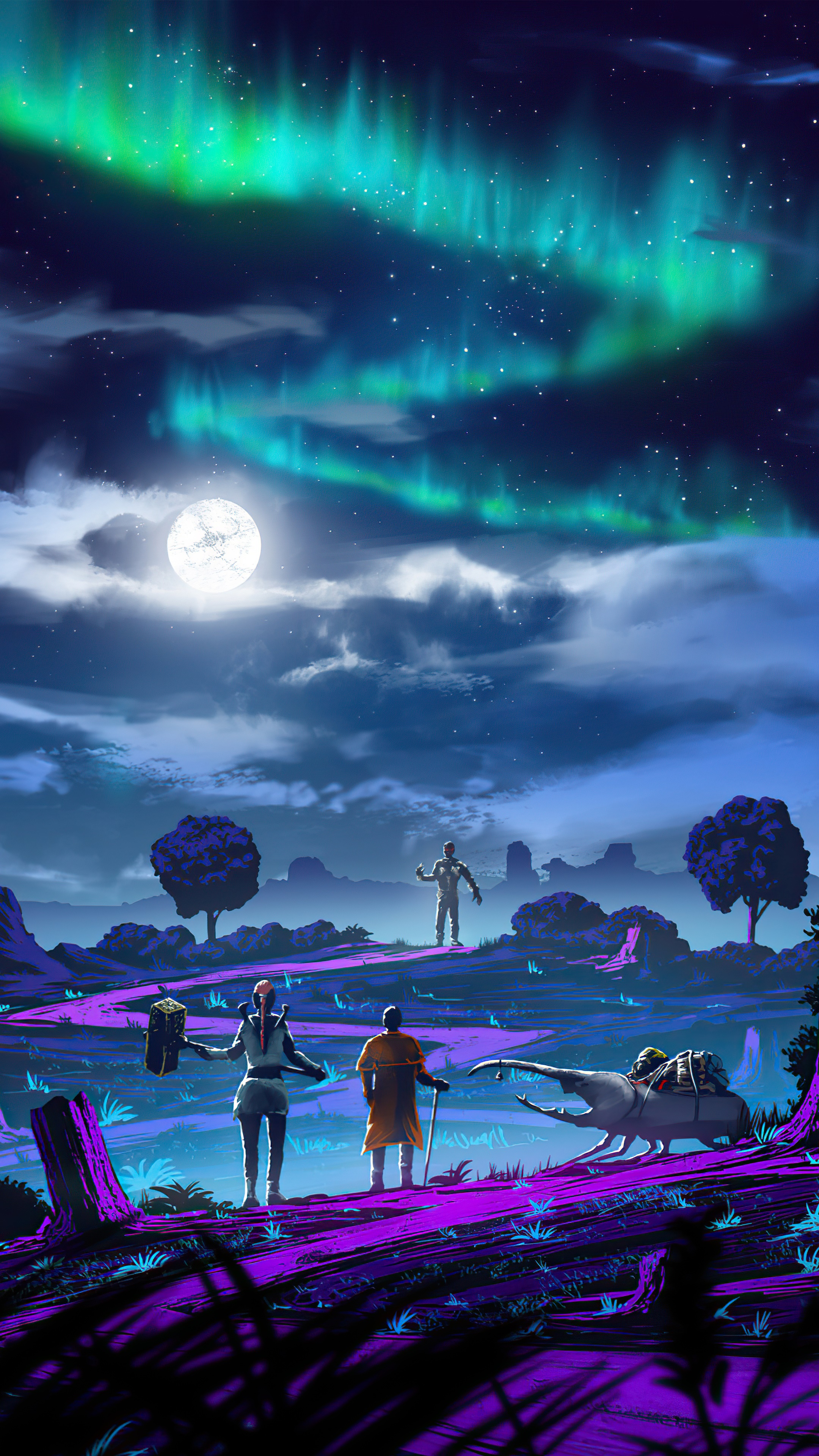 Alien landscape with aurora and explorers HD Phone Wallpaper