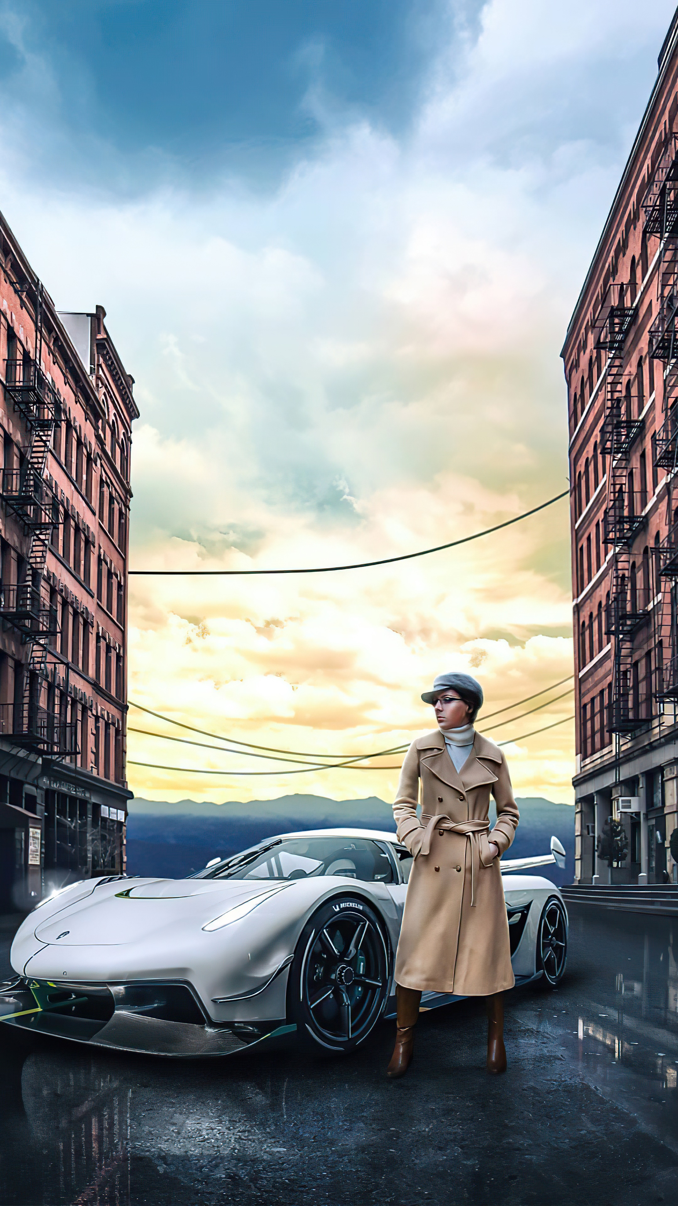 Woman in trench coat with Koenigsegg car in city HD Phone Wallpaper