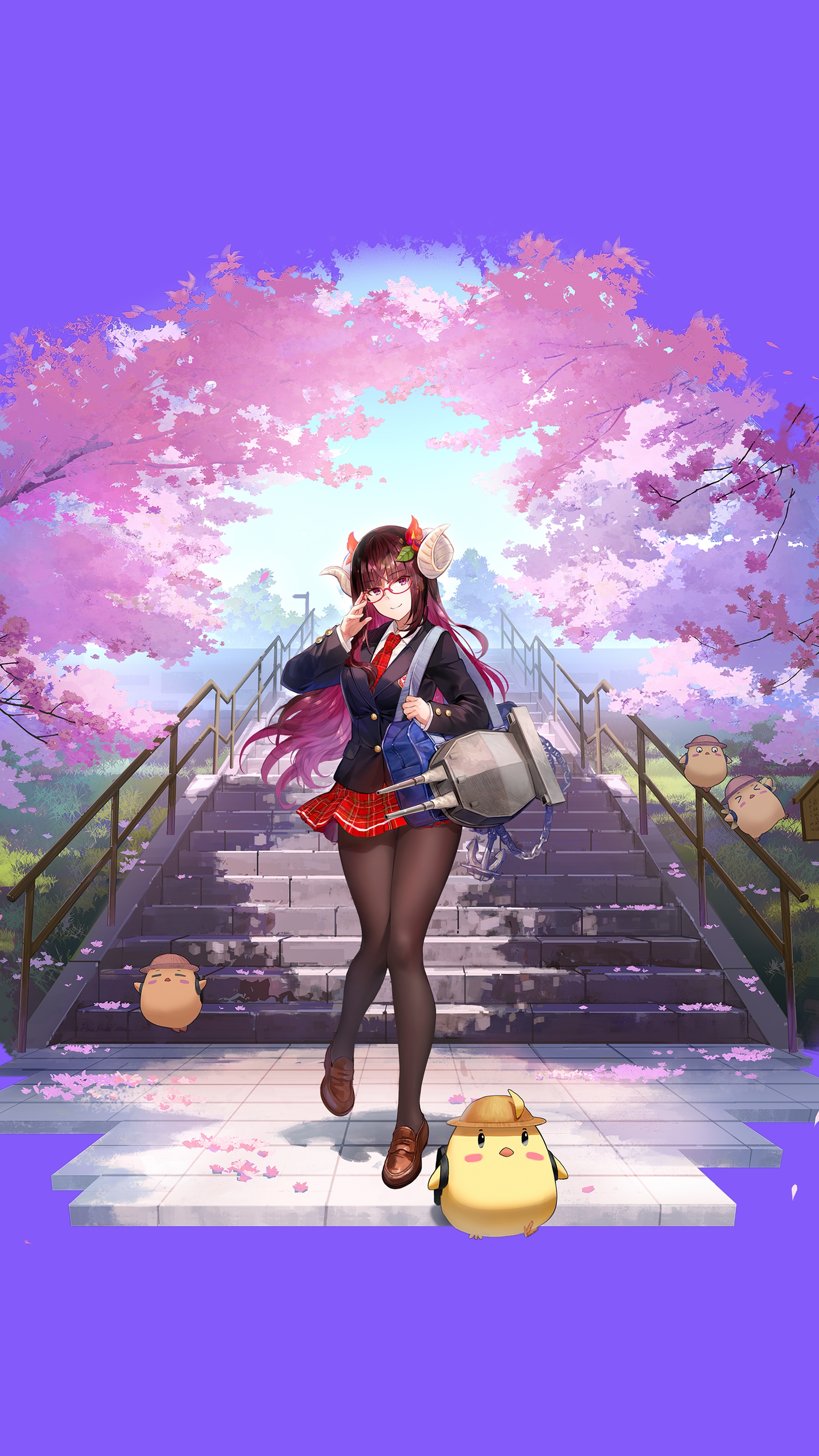 Anime girl in school uniform with sheep horns and bag HD Phone Wallpaper