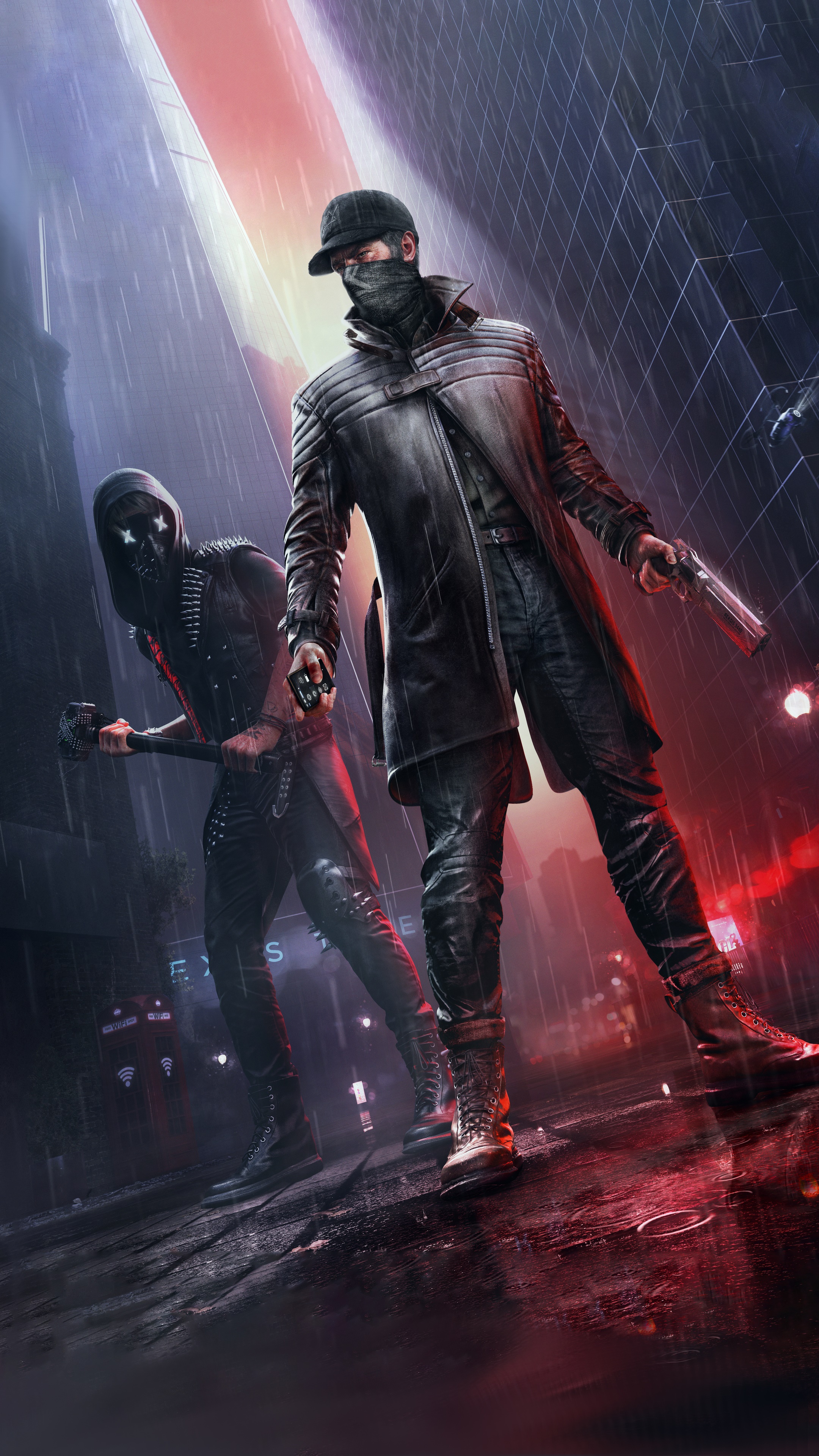 Two figures in a rainy city street, Watch Dogs Legion HD Phone Wallpaper