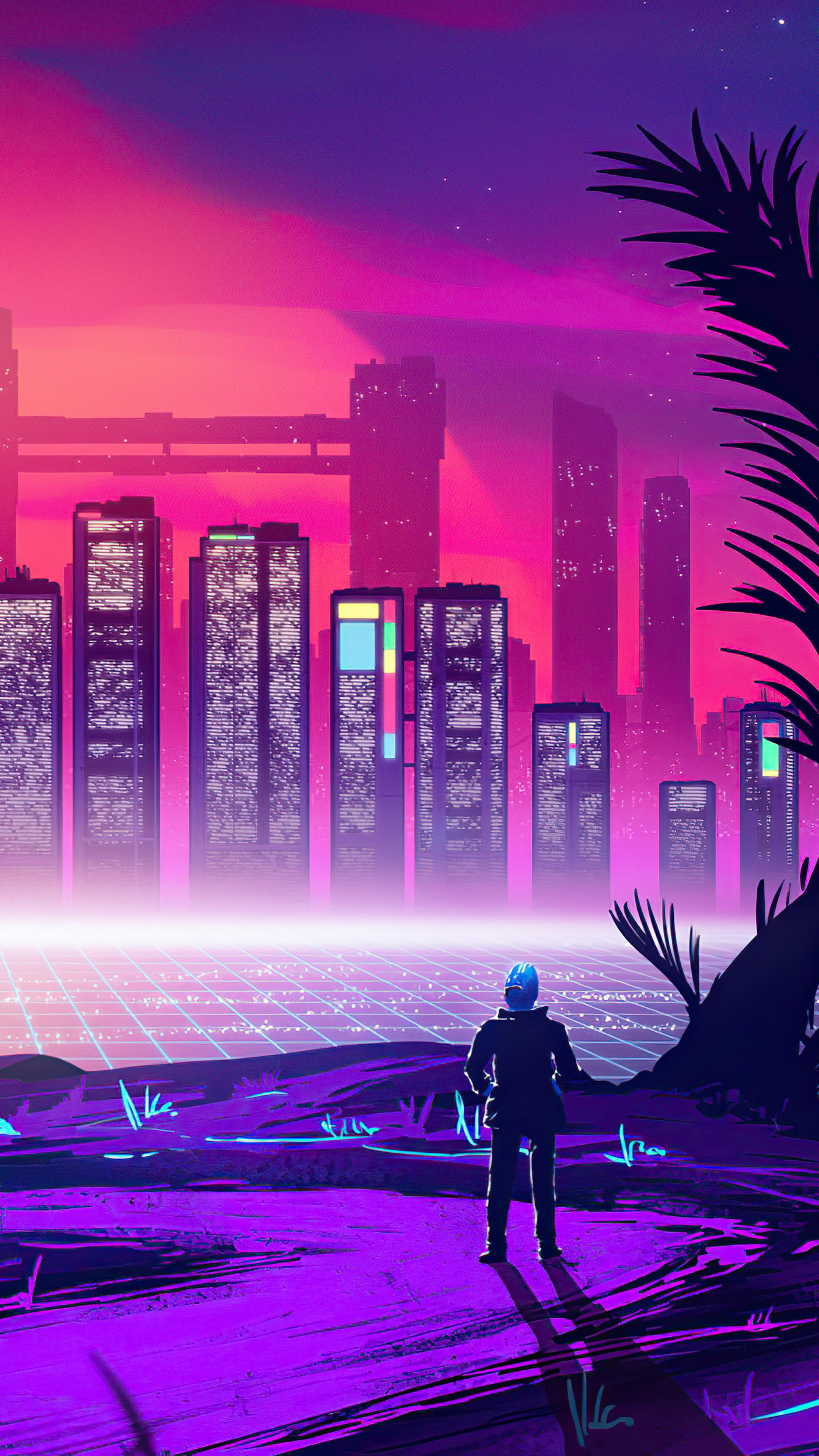 Synthwave cityscape with astronaut figure HD Phone Wallpaper