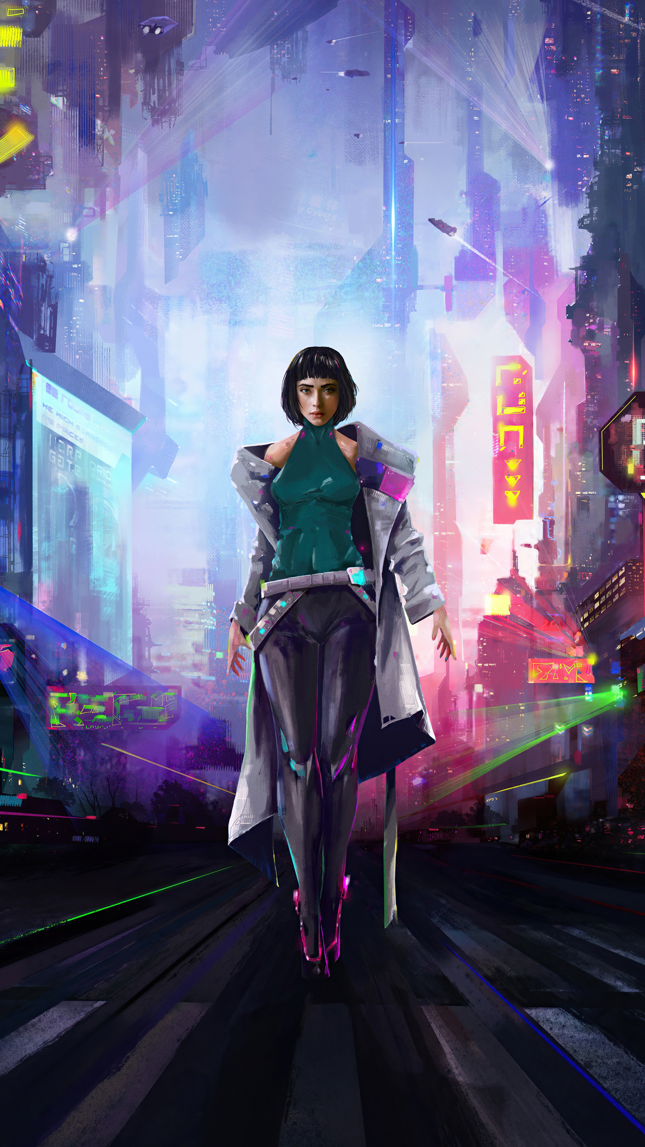 Woman walking in a futuristic cyberpunk city HD Phone Wallpaper